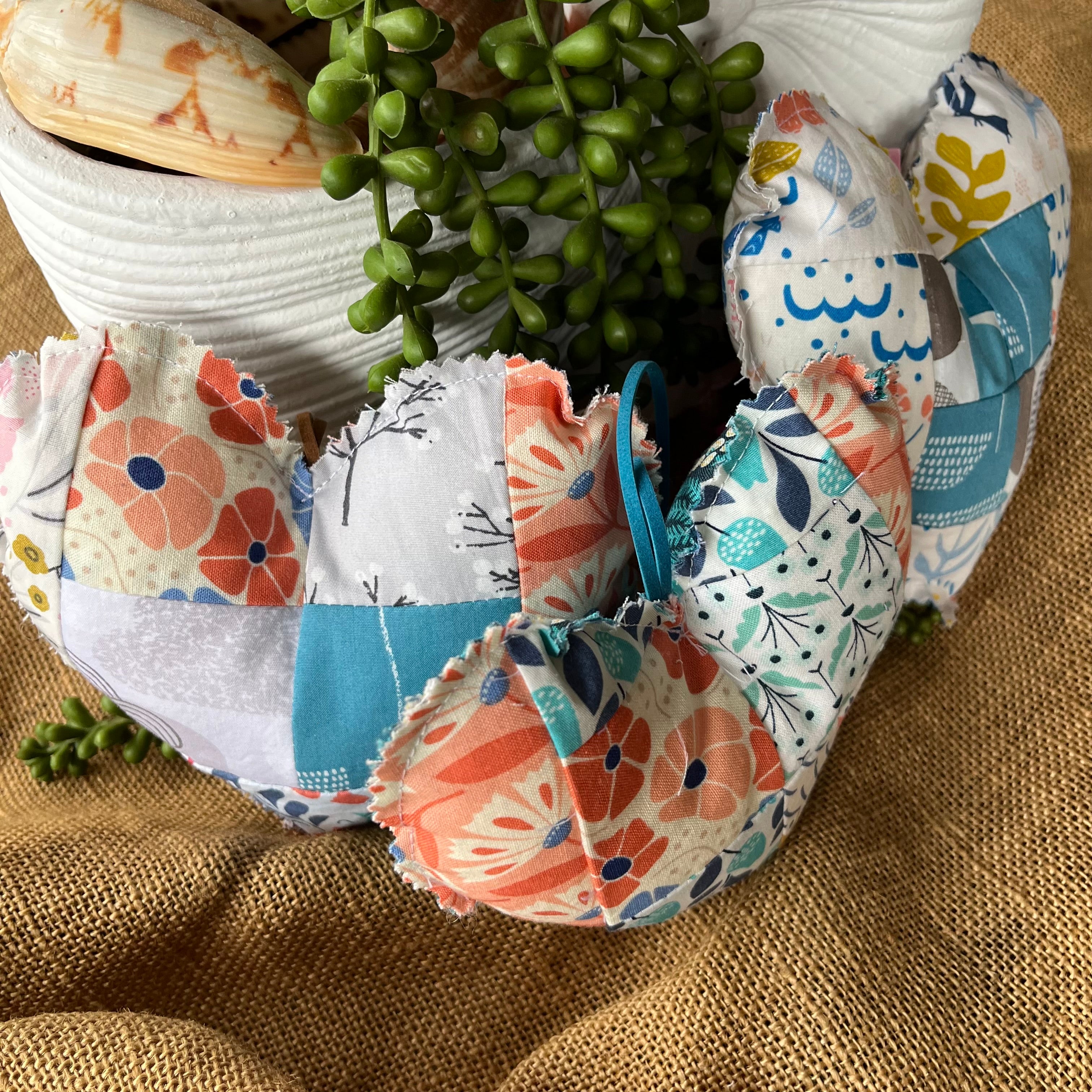 Handmade hearts | organic fabric | rustic look | aqua and peach