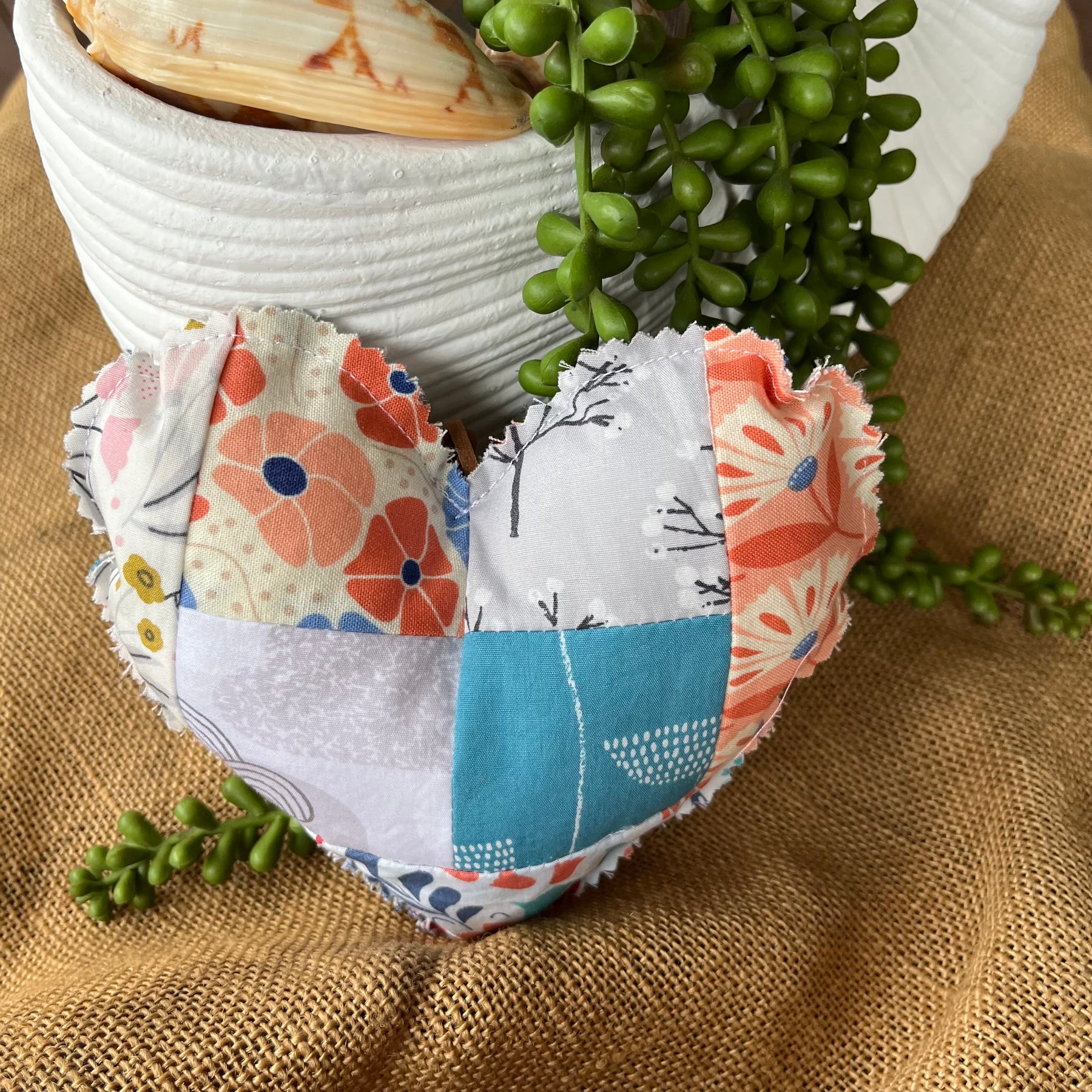 Handmade hearts | organic fabric | rustic look | aqua and peach