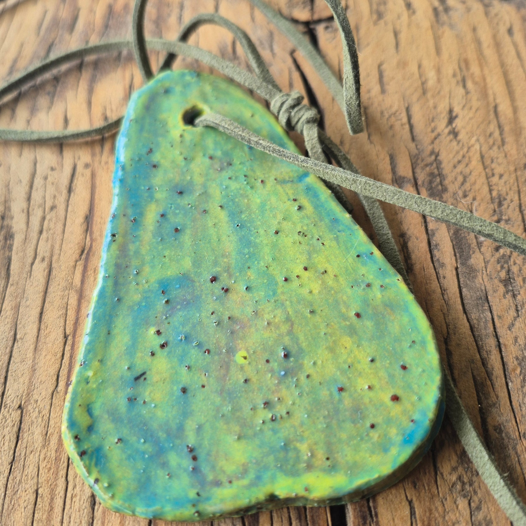 Pear Pottery Necklace with Green Leather Strap