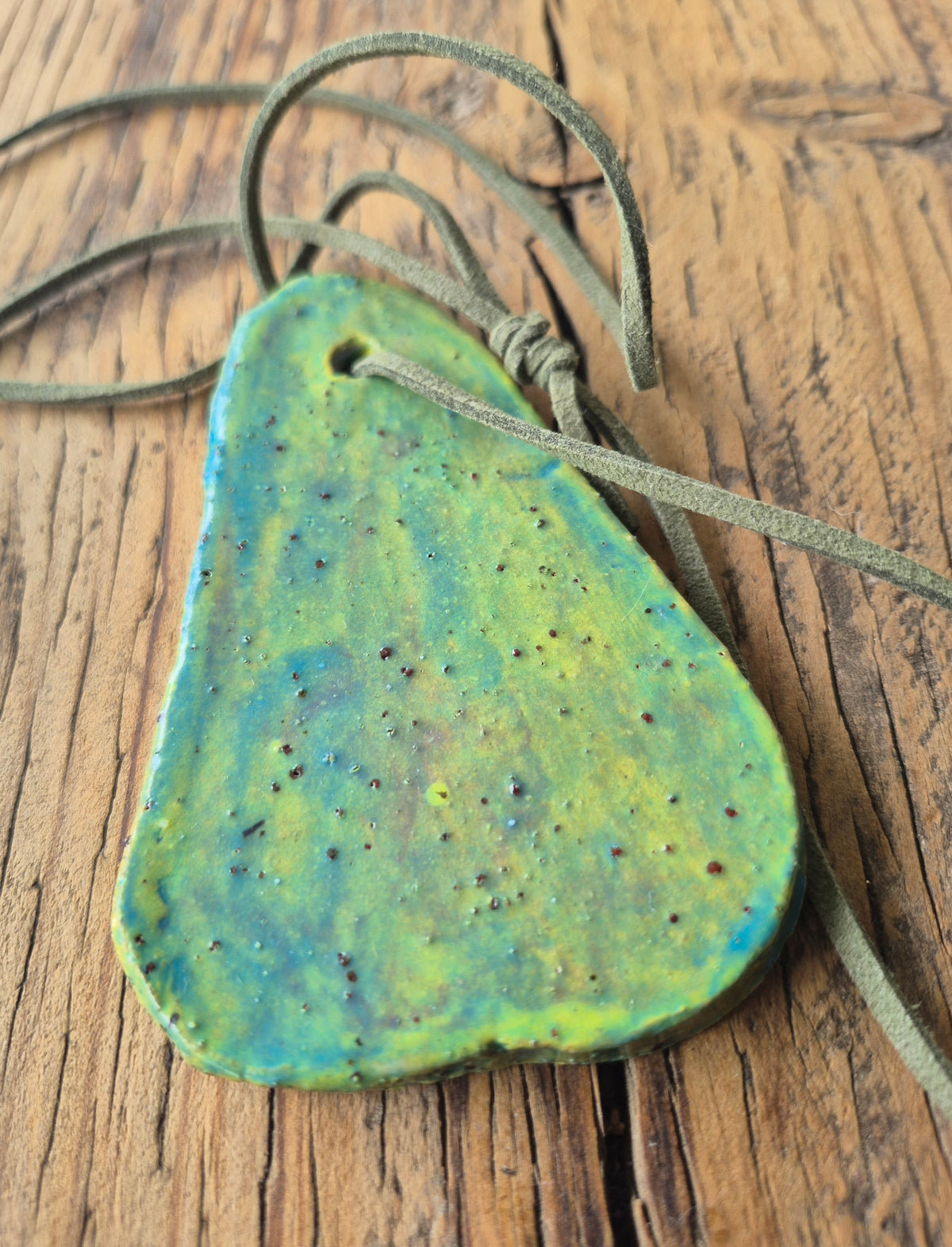 Pear Pottery Necklace with Green Leather Strap