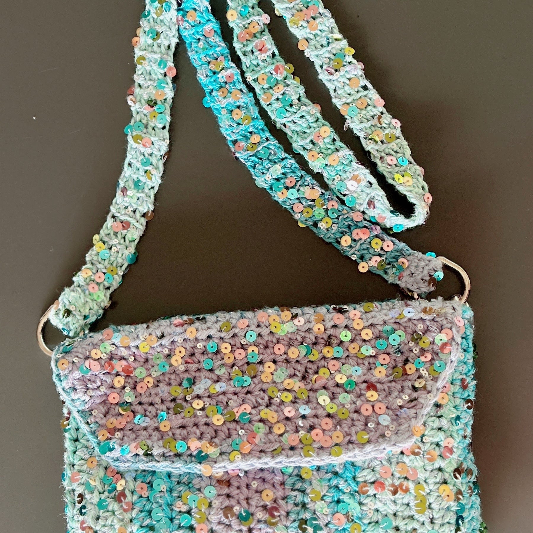 Handmade Cotton Crochet Sequin Crossbody Bag, Sparkly Statement Bag