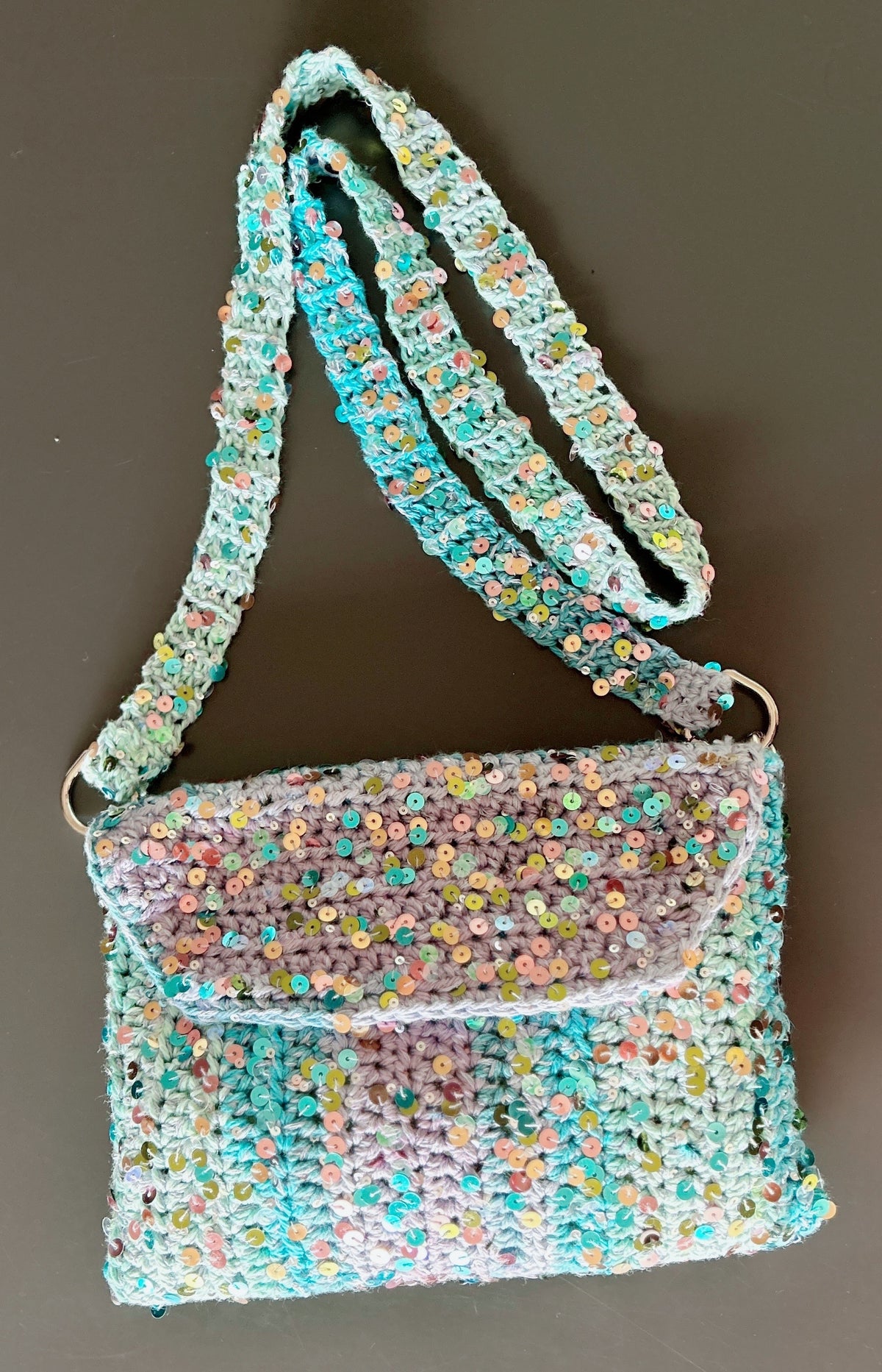 Handmade Cotton Crochet Sequin Crossbody Bag, Sparkly Statement Bag