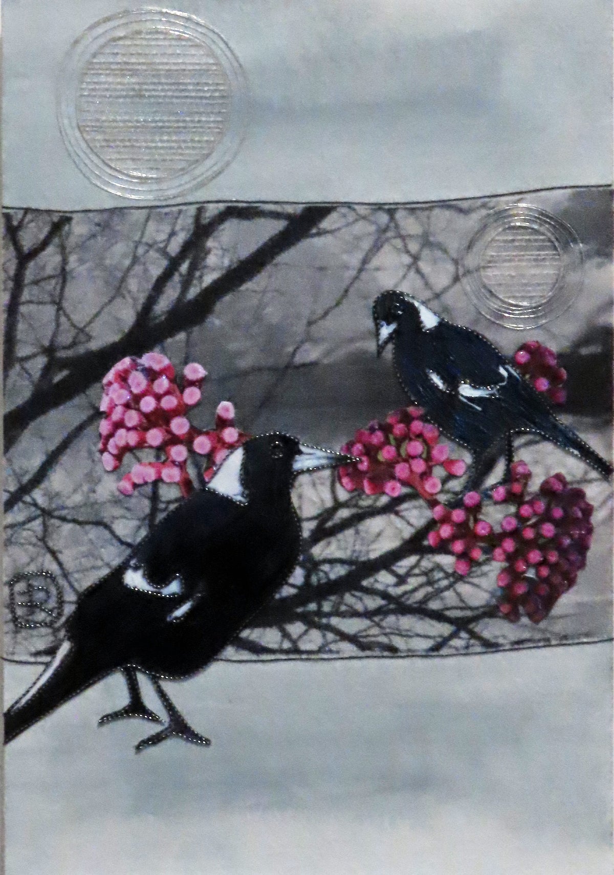 Unframed Collage Art - Magpies & Pink Flowers