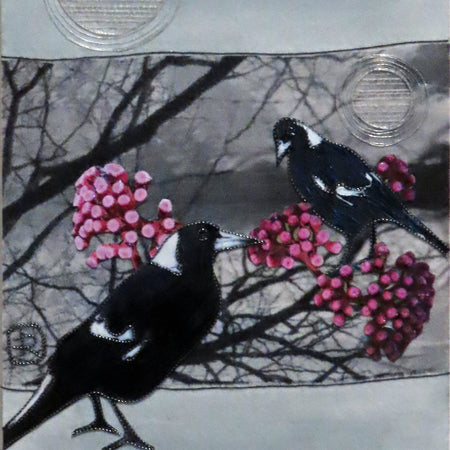 Unframed Collage Art - Magpies & Pink Flowers