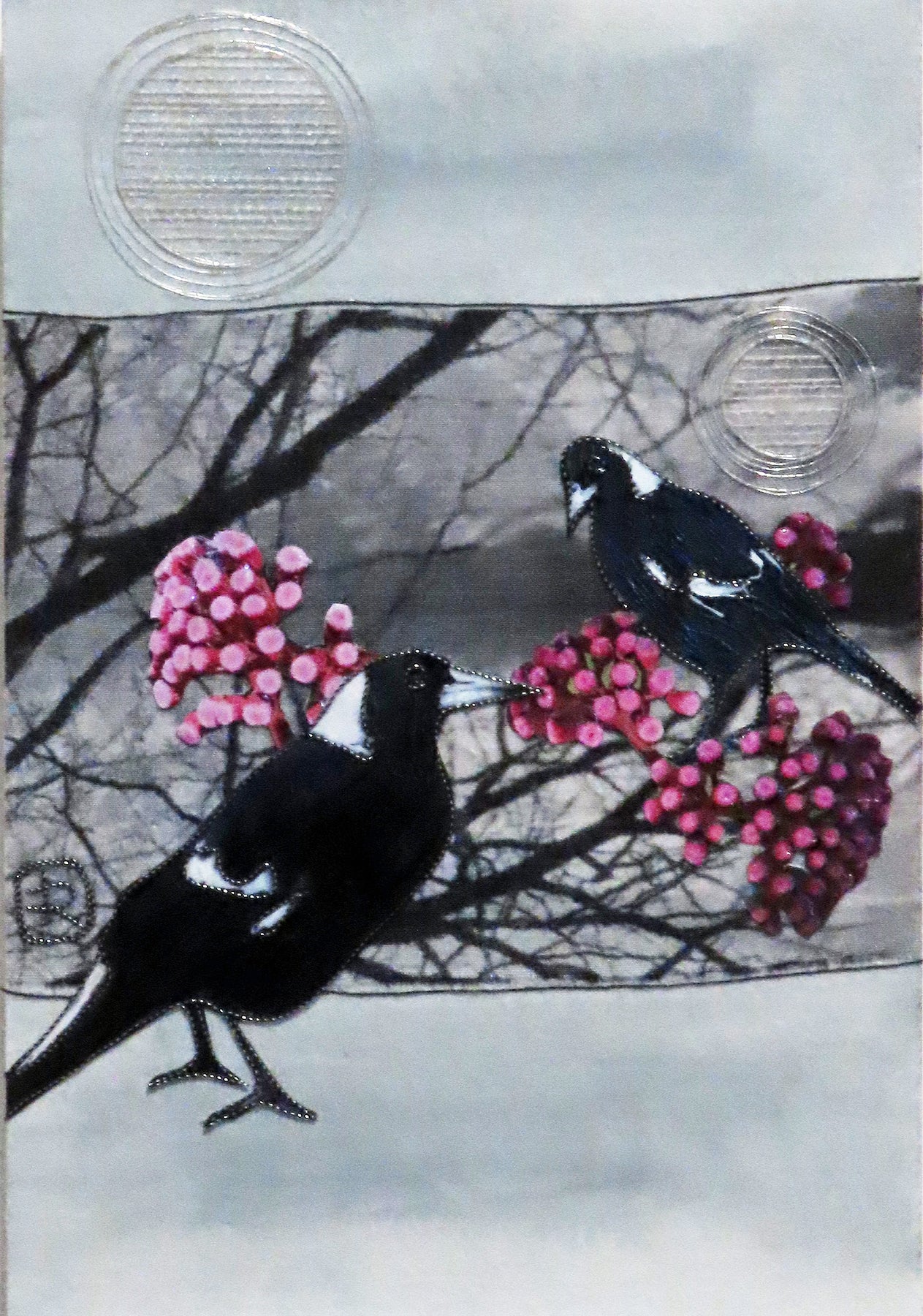 Unframed Collage Art - Magpies & Pink Flowers
