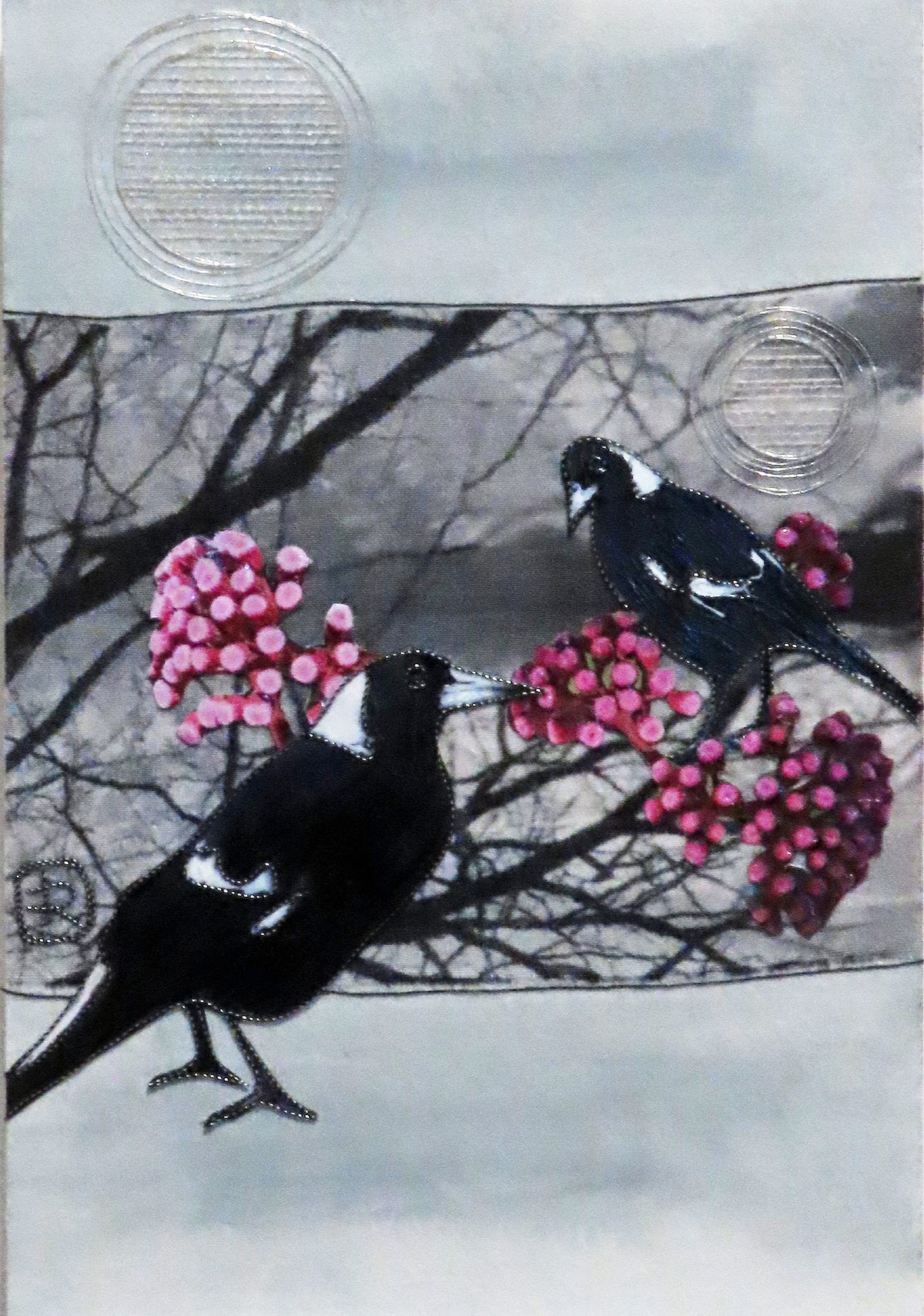 Unframed Collage Art - Magpies & Pink Flowers