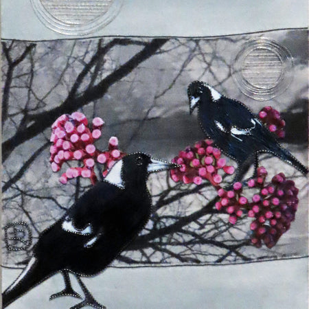 Unframed Collage Art - Magpies & Pink Flowers