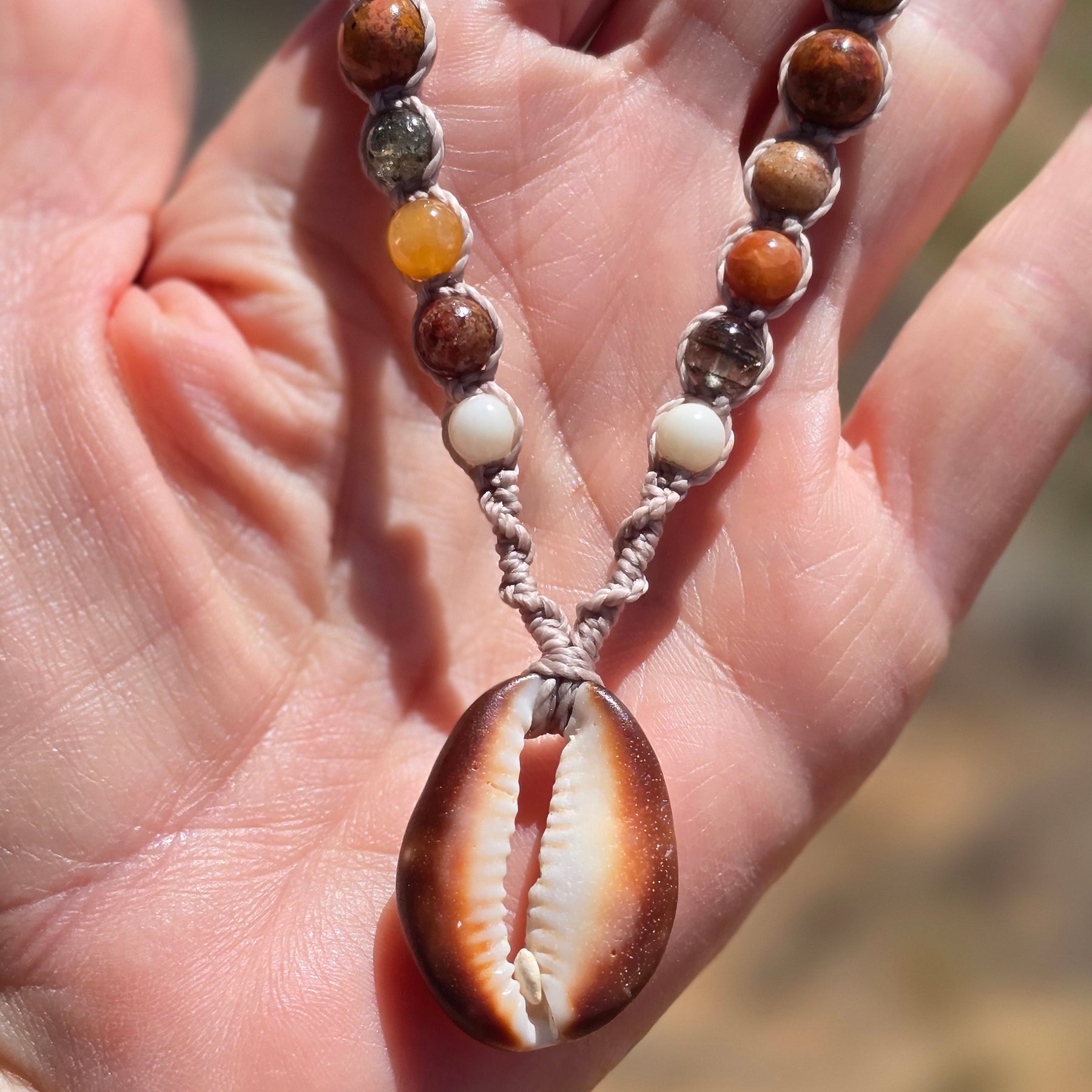 Cowrie Shell and Ocean Agate macrame Necklace