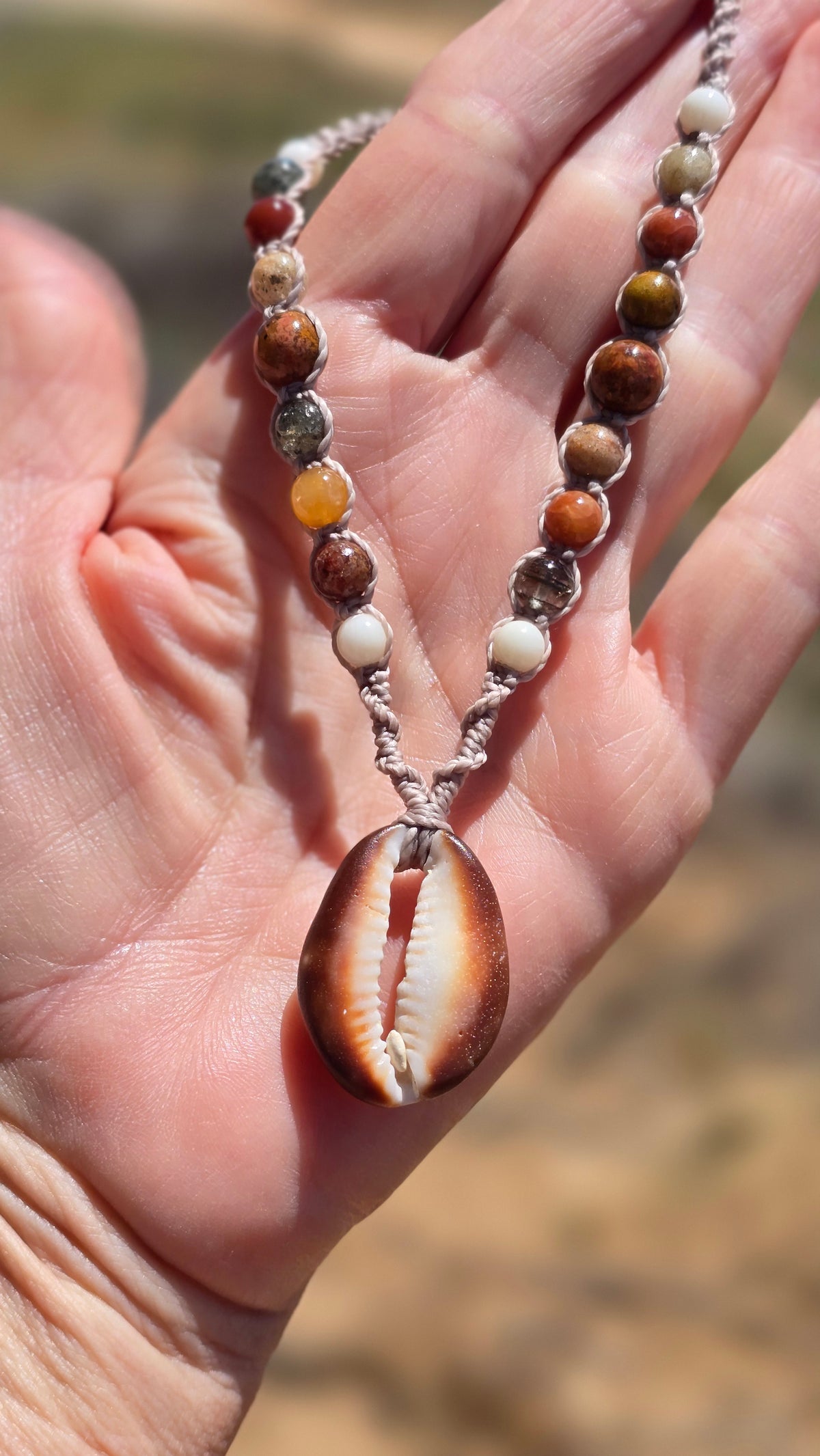 Cowrie Shell and Ocean Agate macrame Necklace