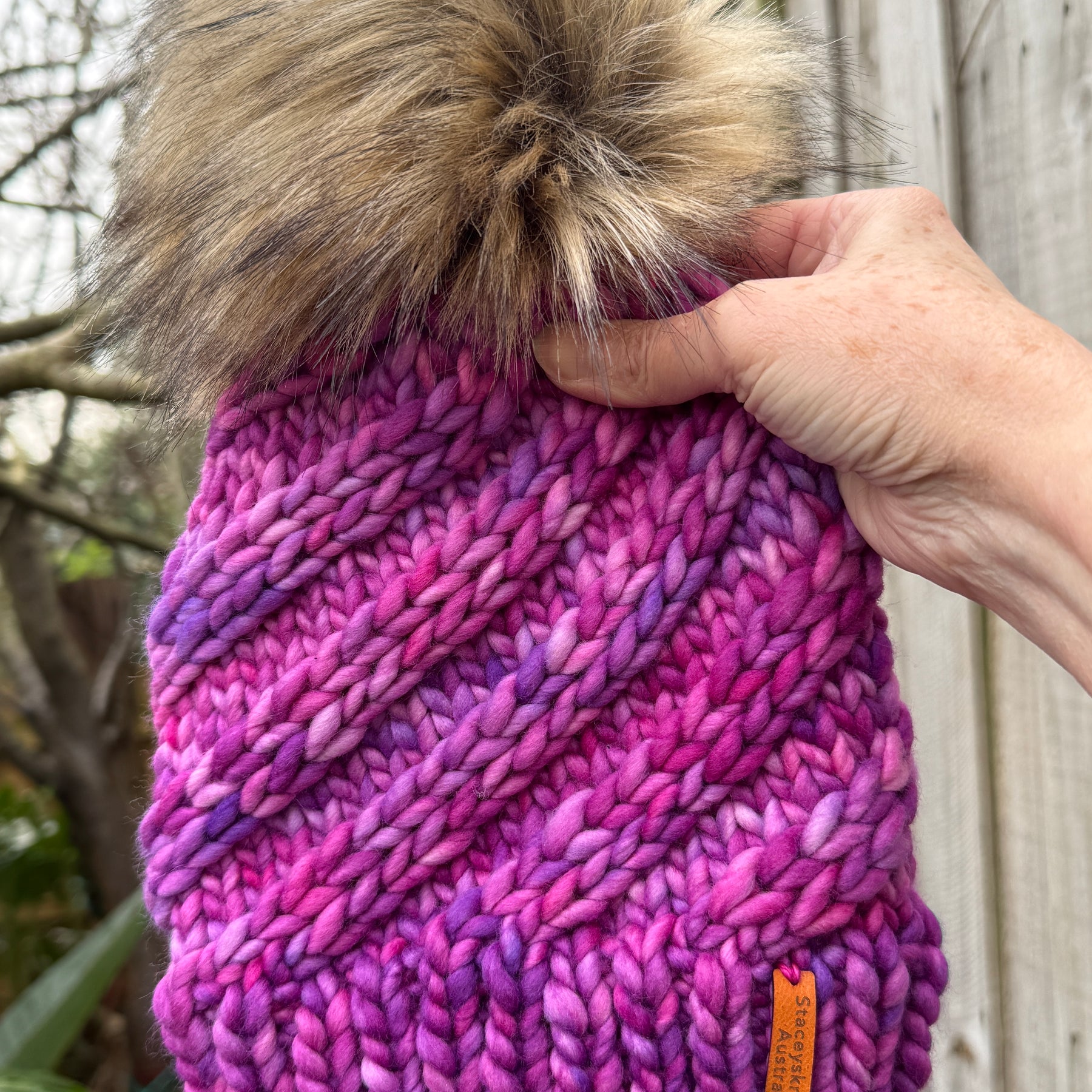 Merino Beanie, Pink Purple PomPom Beanie