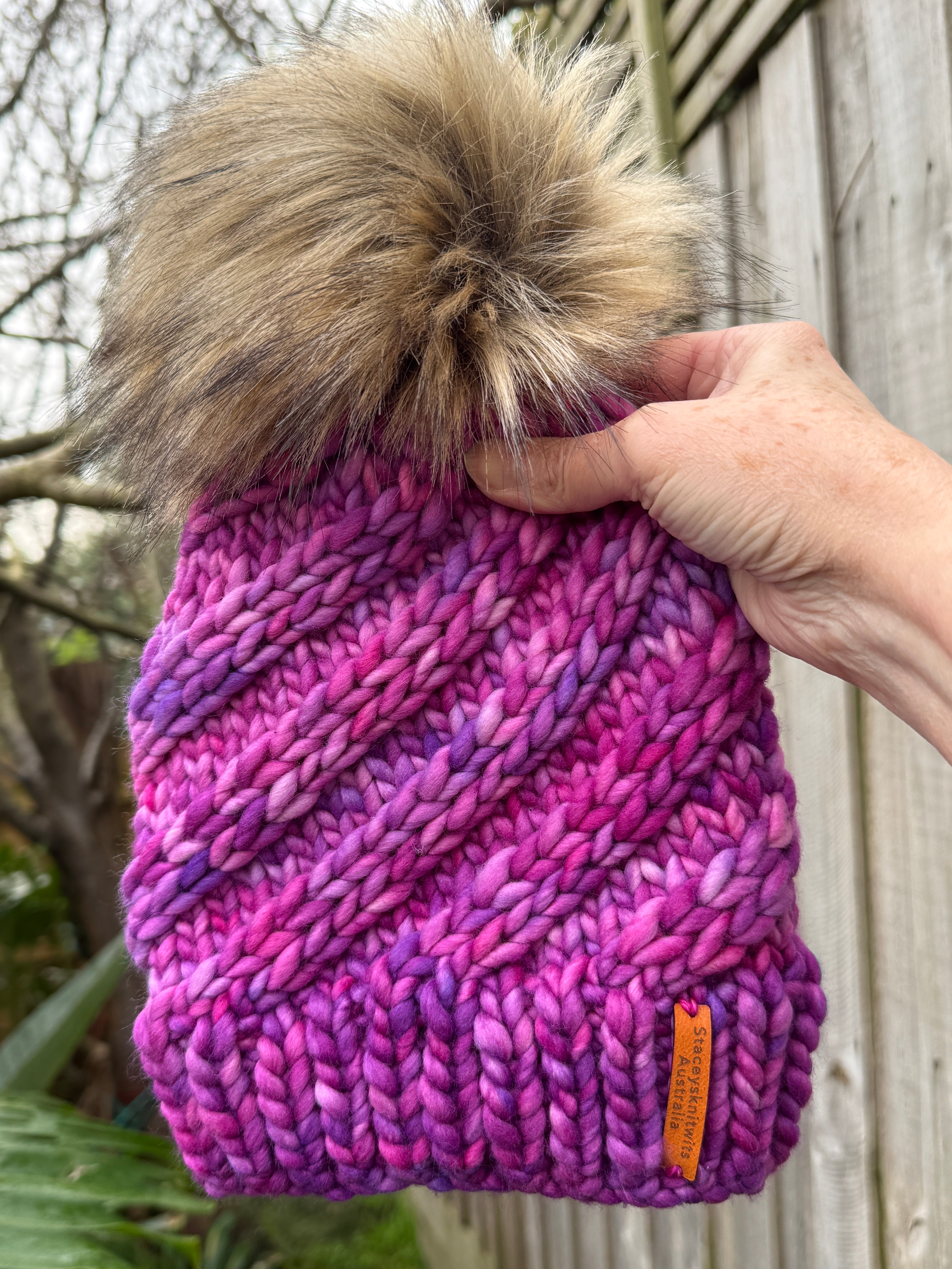 Merino Beanie, Pink Purple PomPom Beanie