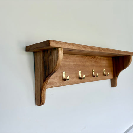 Blackbutt wall shelf with gold hooks