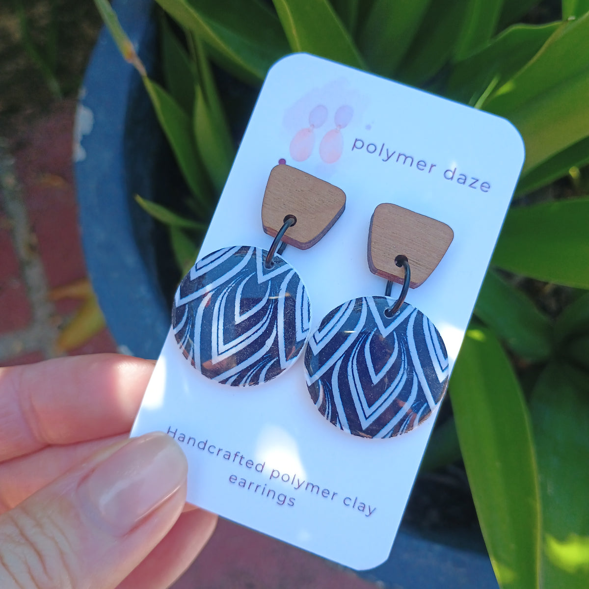 Black and white print earrings with natural wood stud