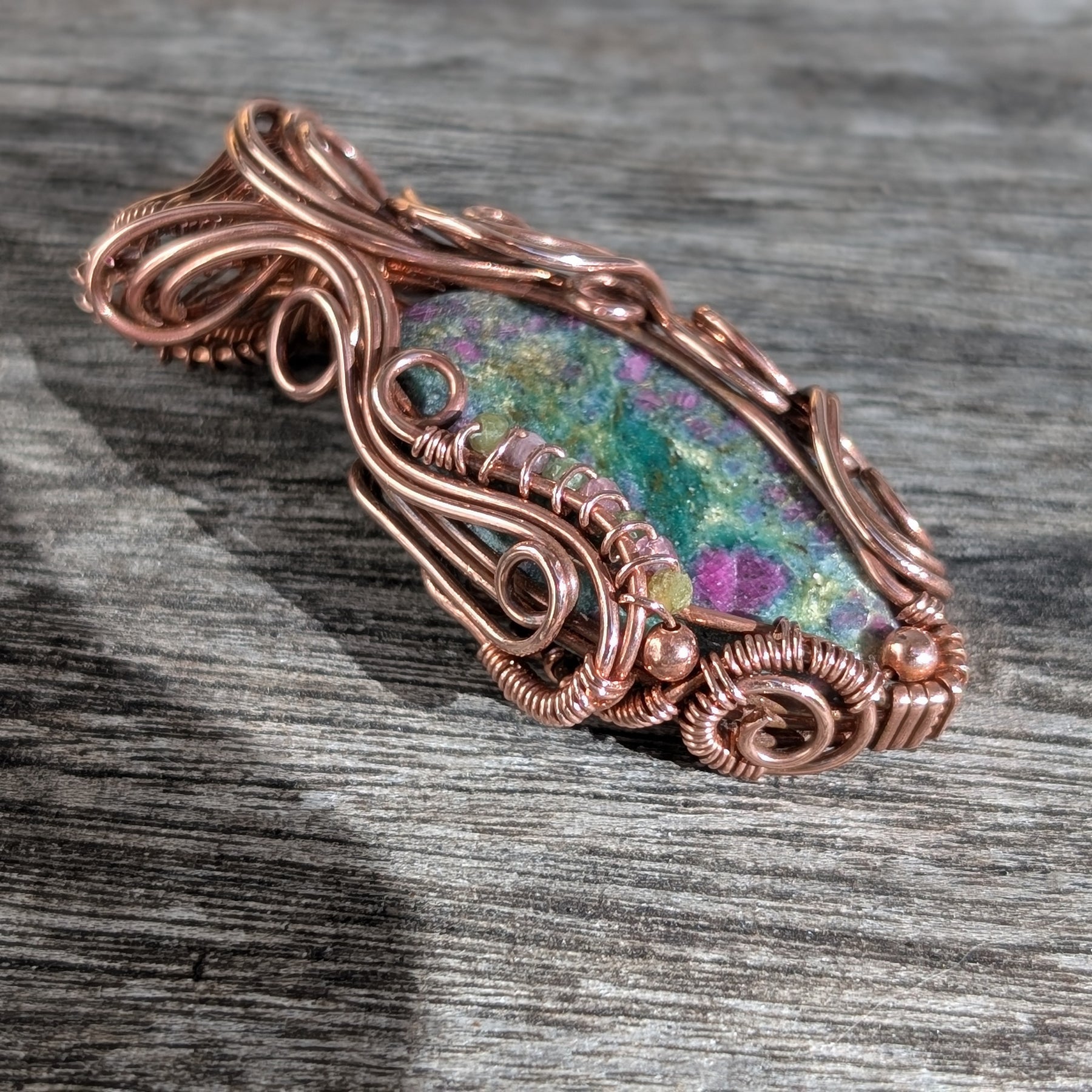 Floral - Ruby Fuchsite & Tourmaline in Copper Pendant