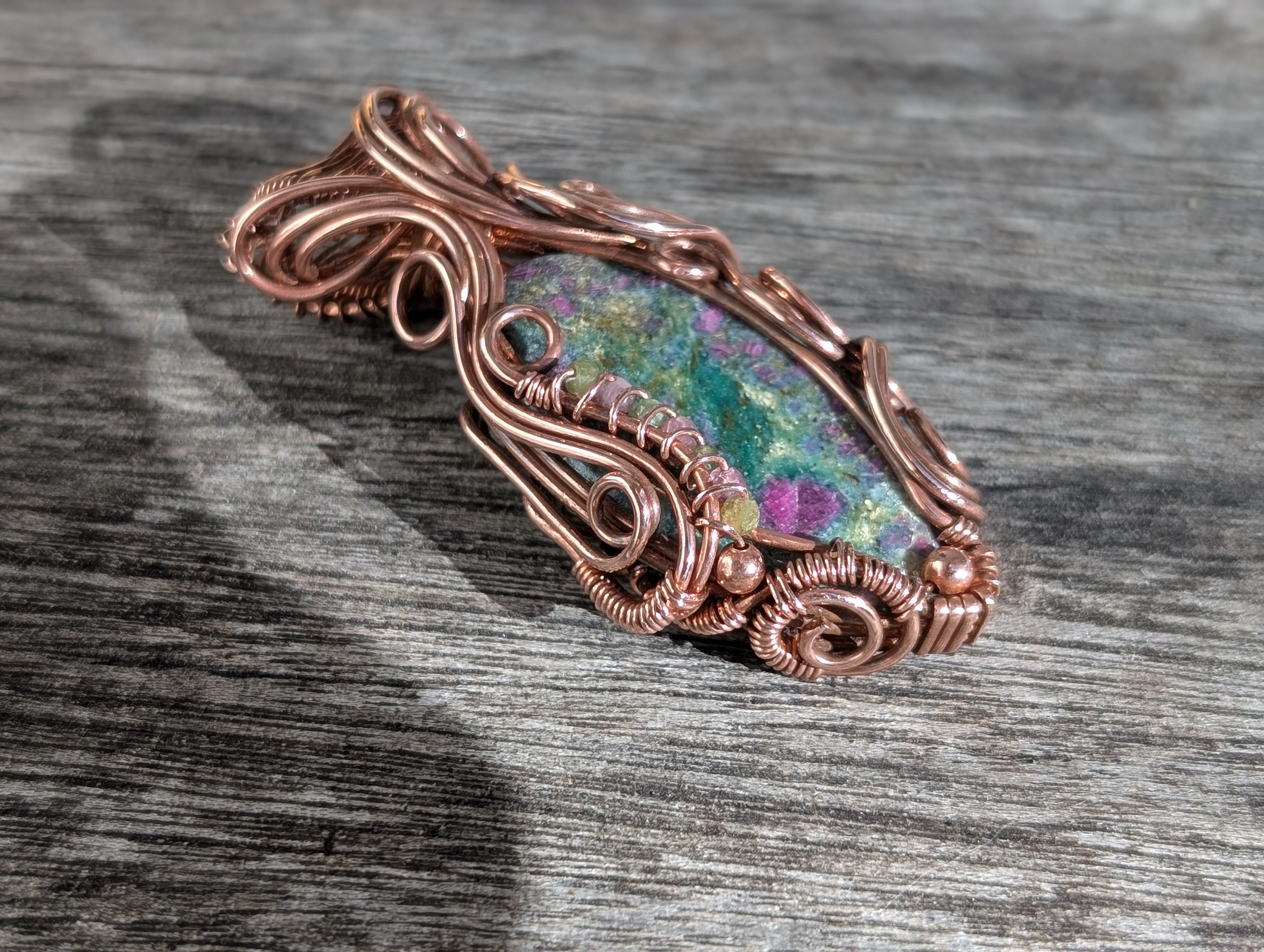 Floral - Ruby Fuchsite & Tourmaline in Copper Pendant