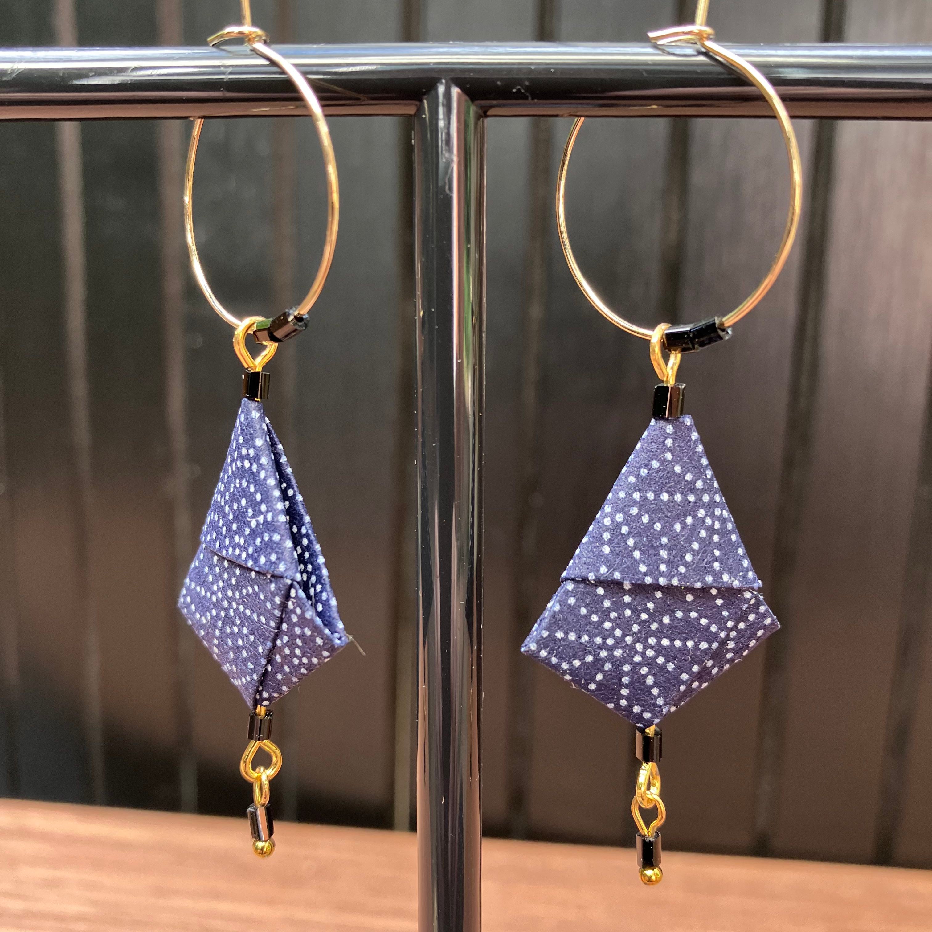 Blue Wagara Origami Earrings – Indigo Japanese Chiyo Paper with traditional geometric patterns