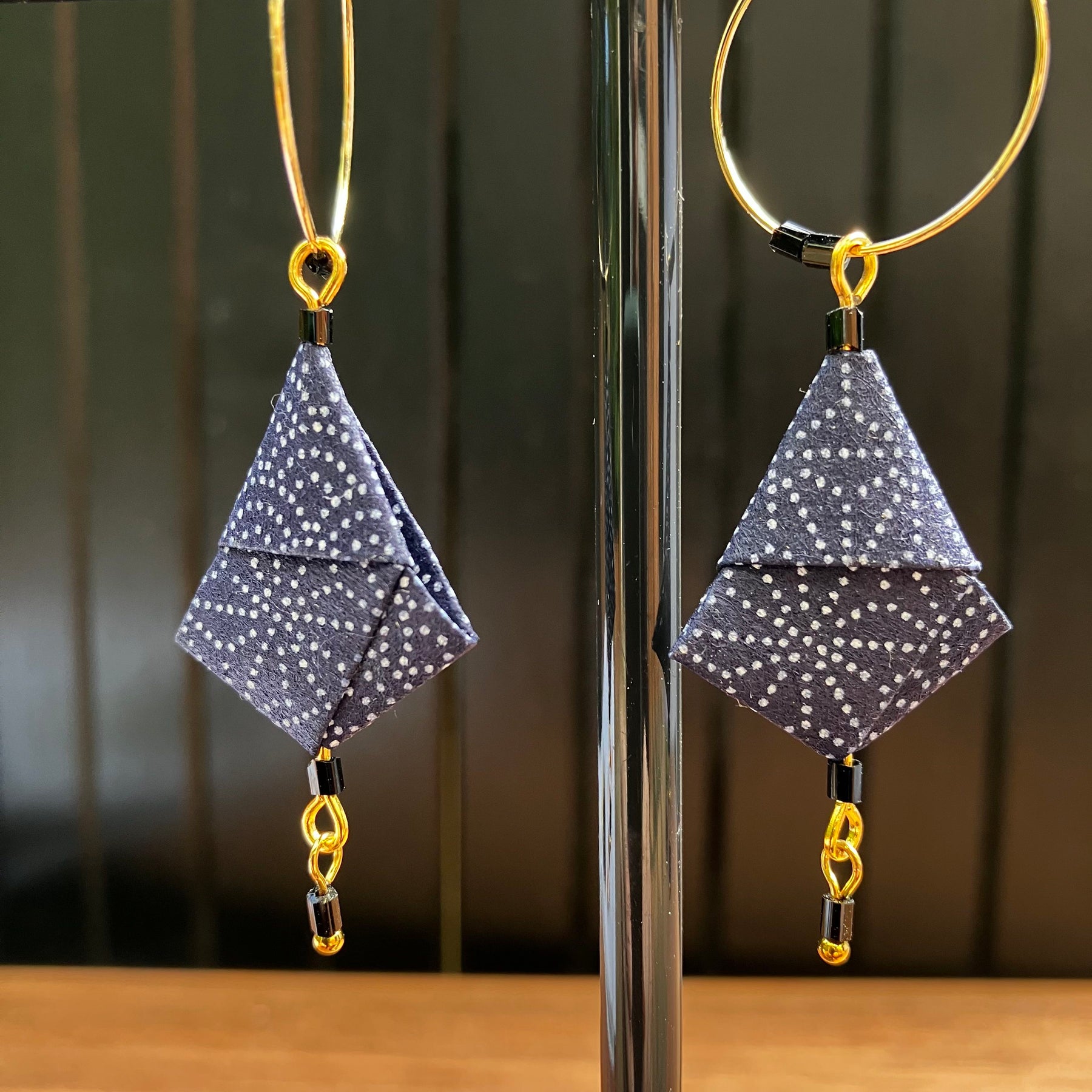 Blue Wagara Origami Earrings – Indigo Japanese Chiyo Paper with traditional geometric patterns