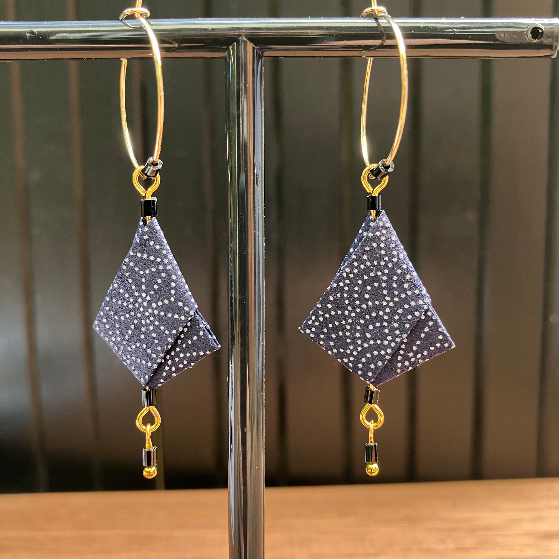 Blue Wagara Origami Earrings – Indigo Japanese Chiyo Paper with traditional geometric patterns