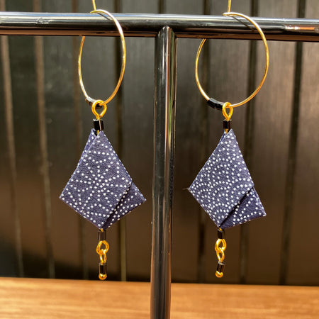 Blue Wagara Origami Earrings – Indigo Japanese Chiyo Paper with traditional geometric patterns