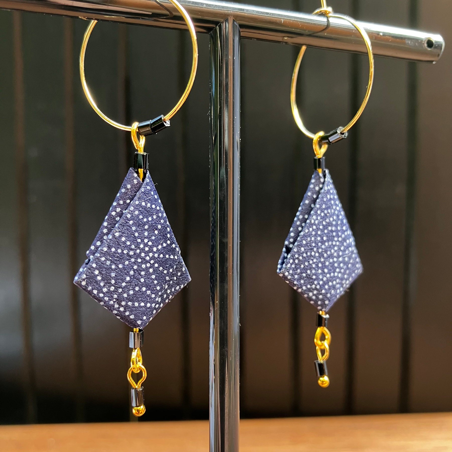 Blue Wagara Origami Earrings – Indigo Japanese Chiyo Paper with traditional geometric patterns