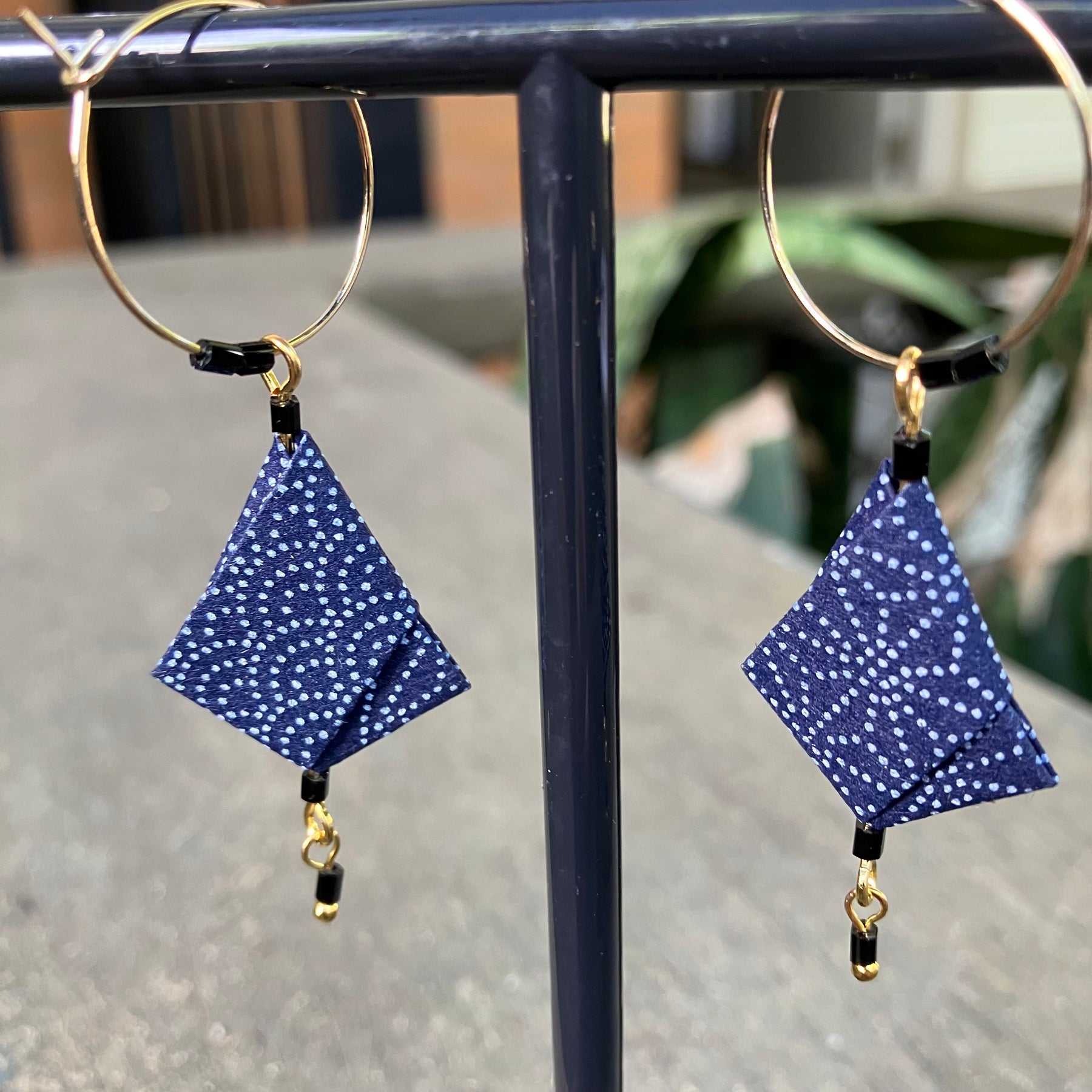 Blue Wagara Origami Earrings – Indigo Japanese Chiyo Paper with traditional geometric patterns