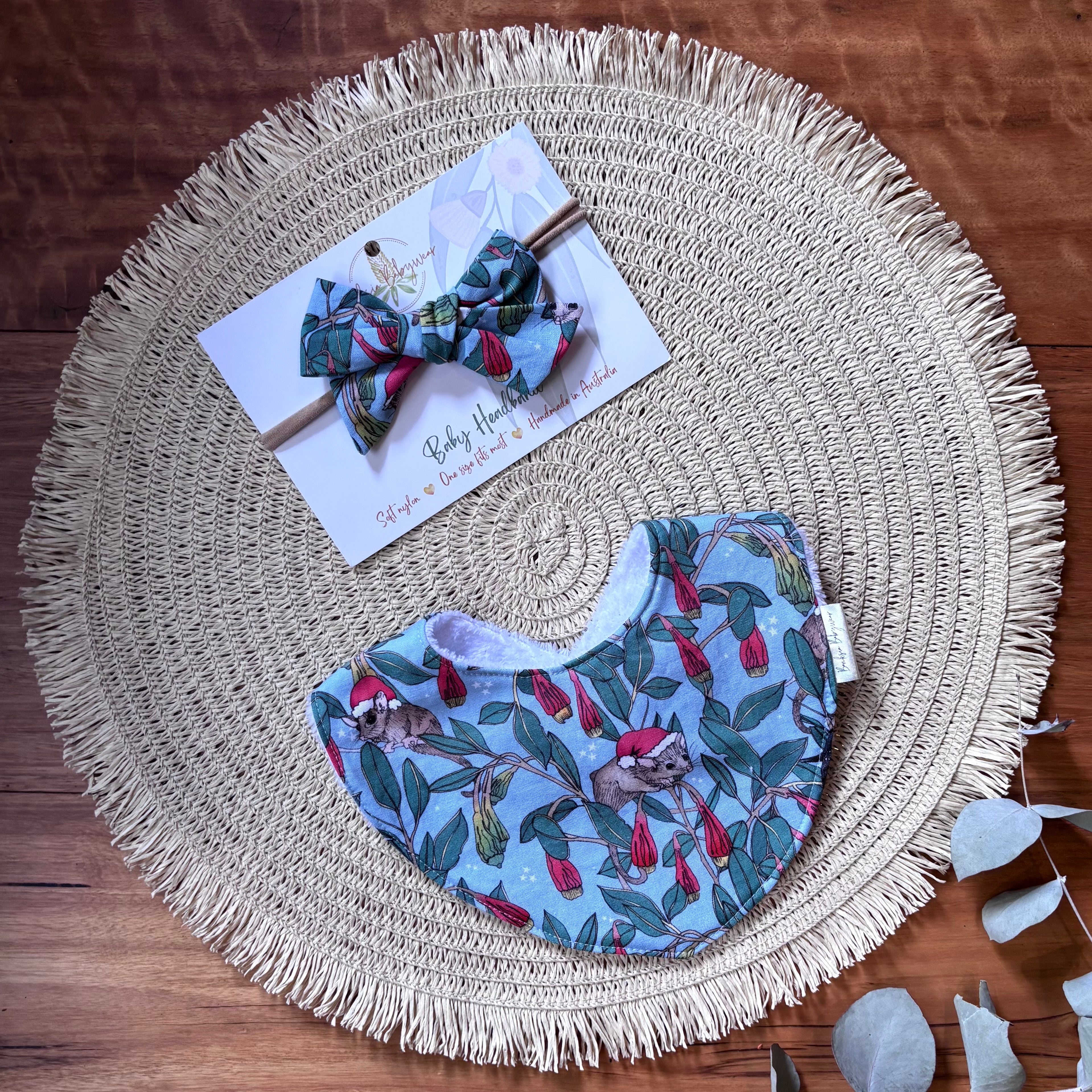 Christmas Baby Bib and Bow Set - Blue Possums