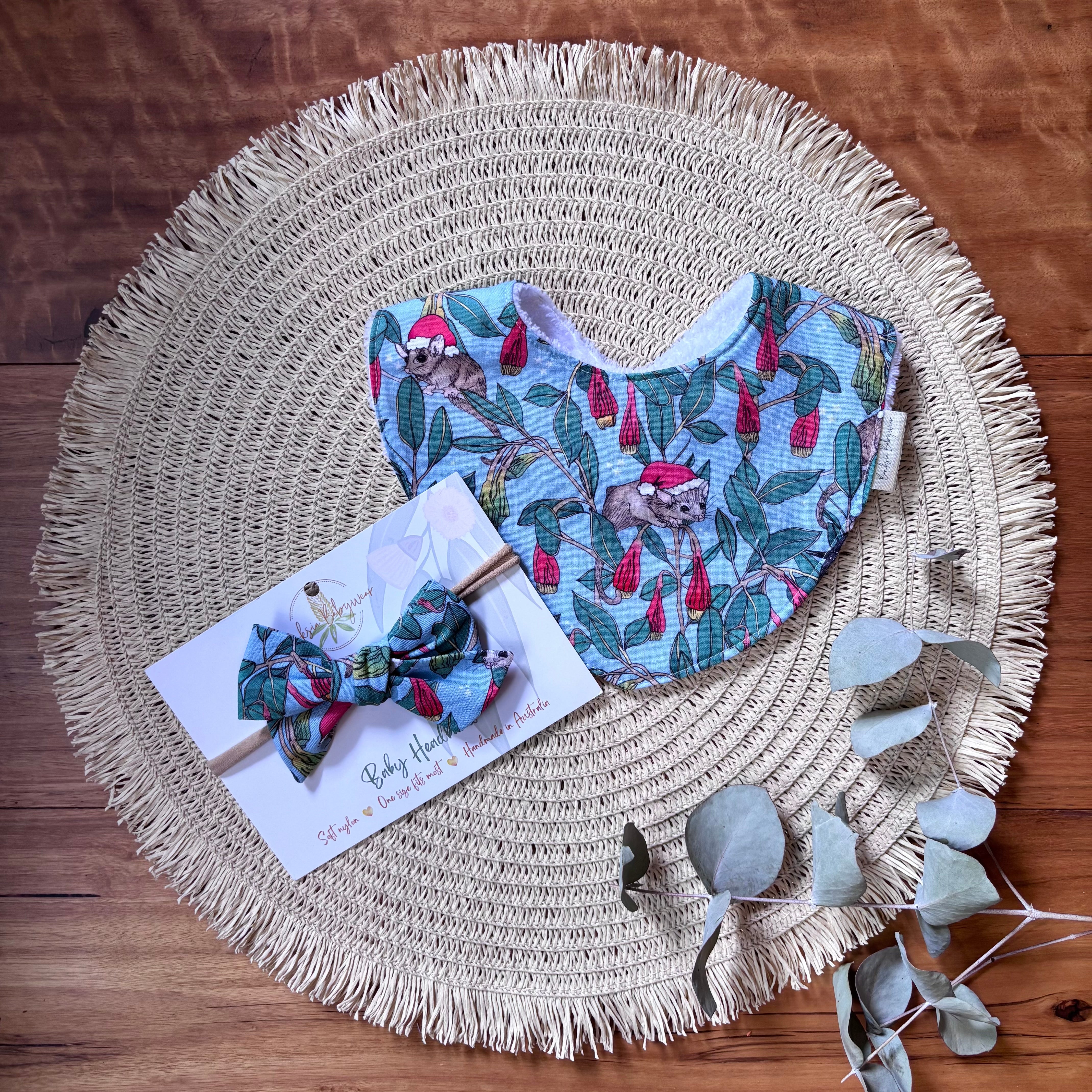 Christmas Baby Bib and Bow Set - Blue Possums