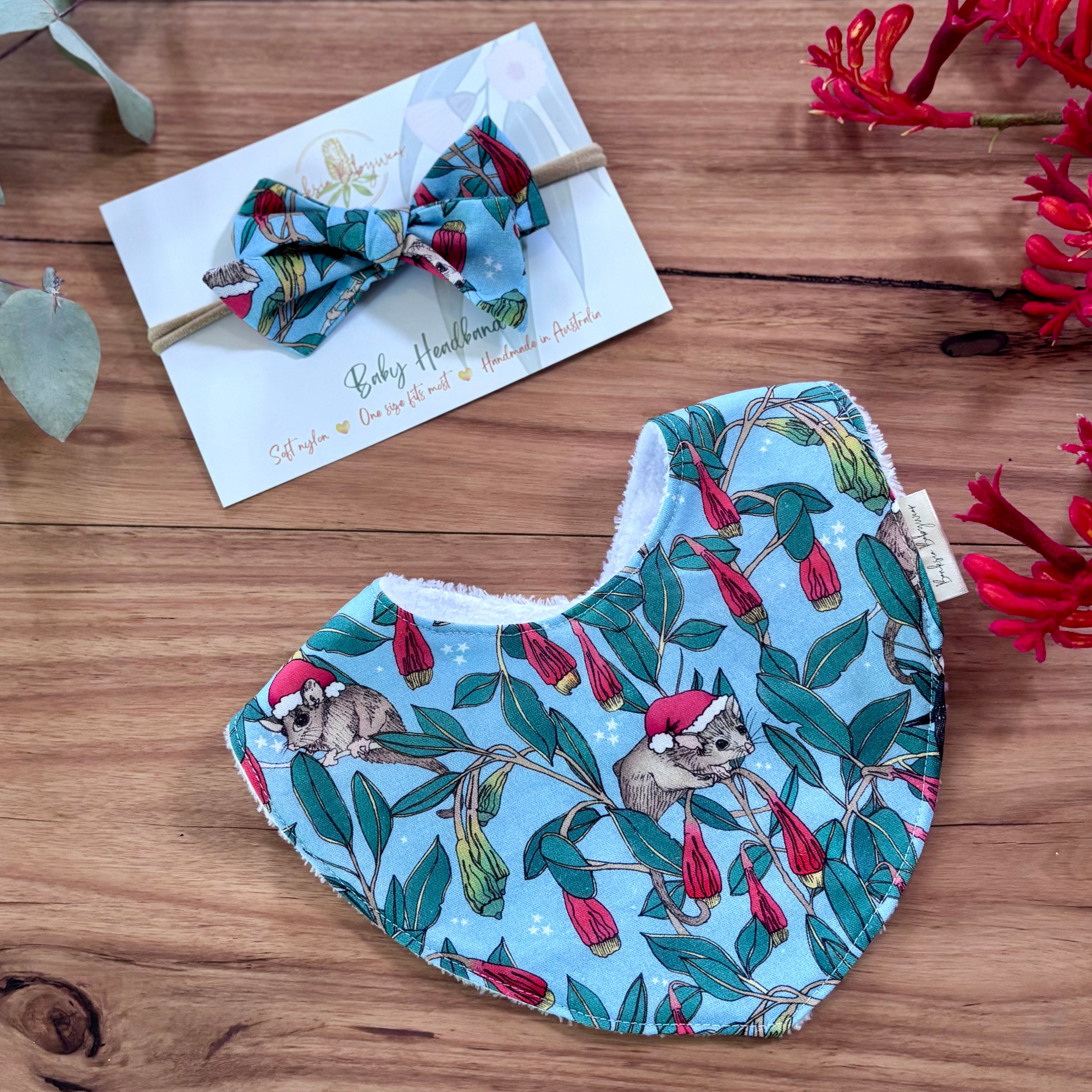 Christmas Baby Bib and Bow Set - Blue Possums