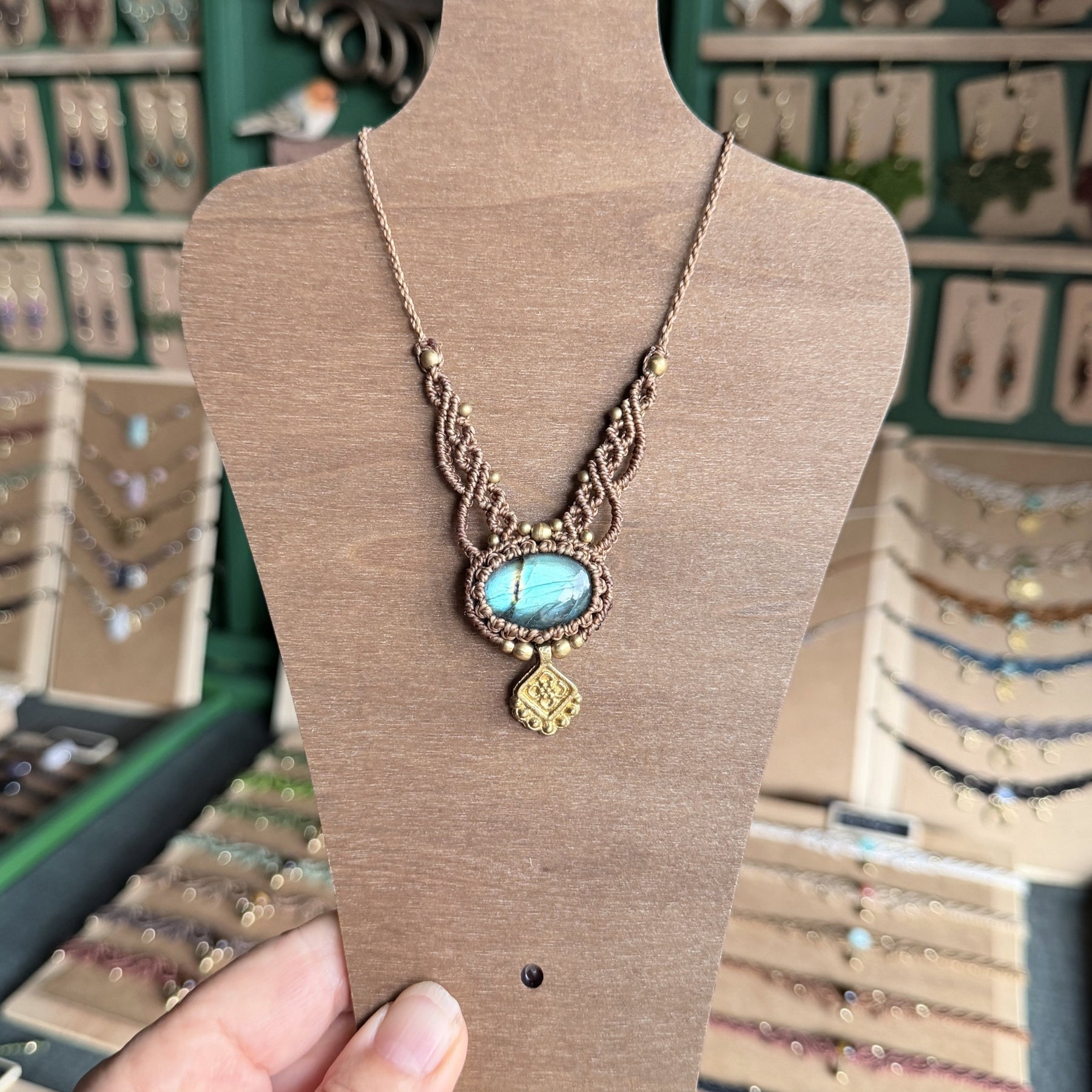 Macrame Oblong Labradorite Necklace with Brass Charm