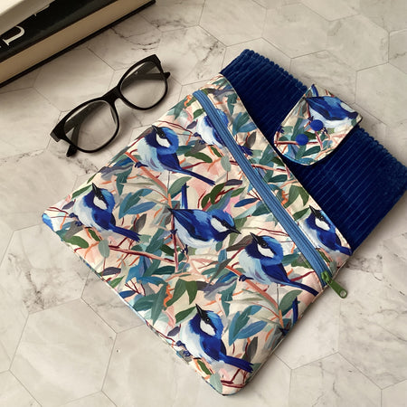 Blue wrens fabric book sleeve with 2 pockets. iPad, tablet pouch