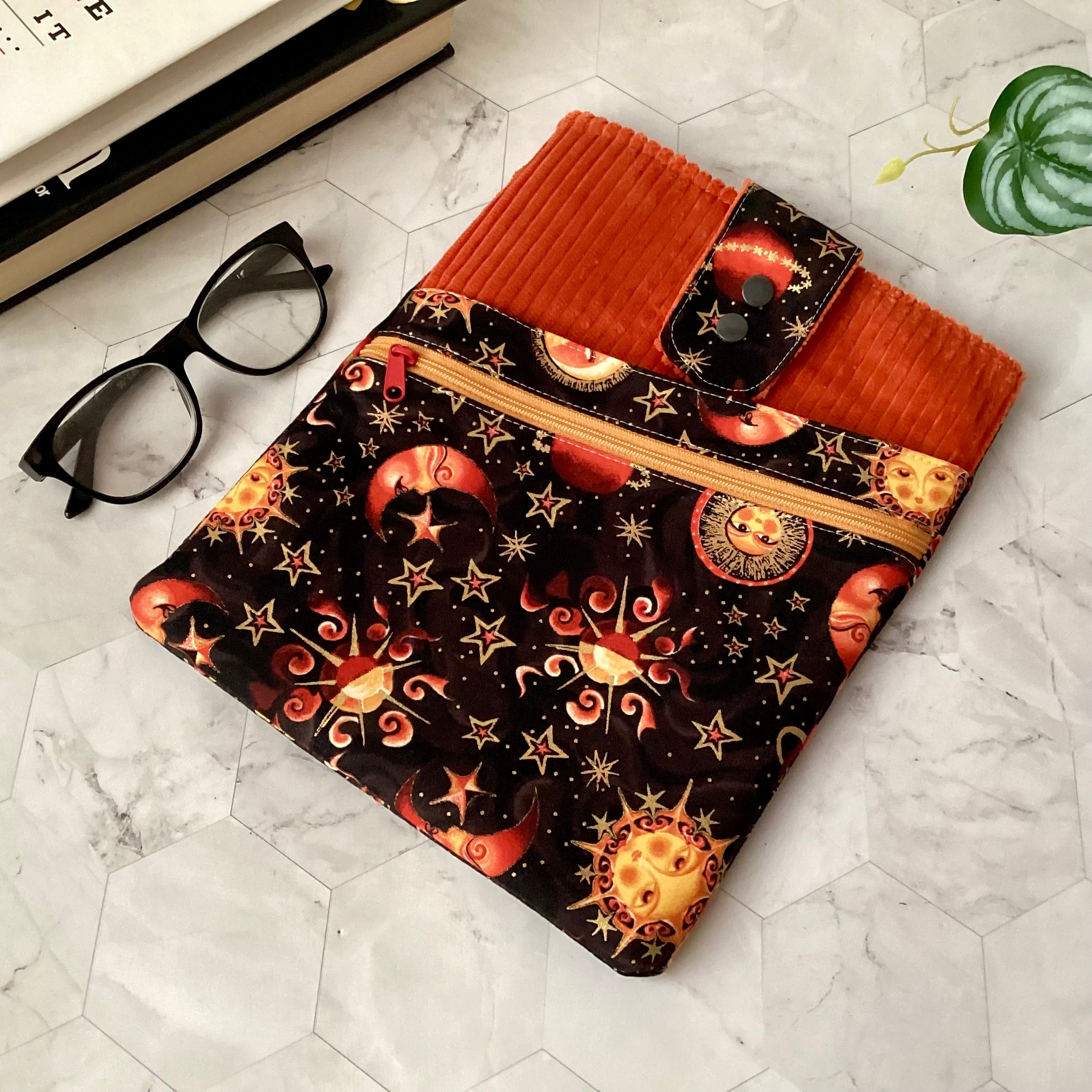 Cosmic Sun and Moon fabric book sleeve with 2 pockets. iPad, tablet pouch