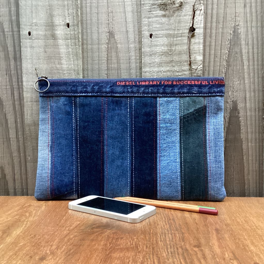 Large Upcycled Denim Pencil Case - Stripes