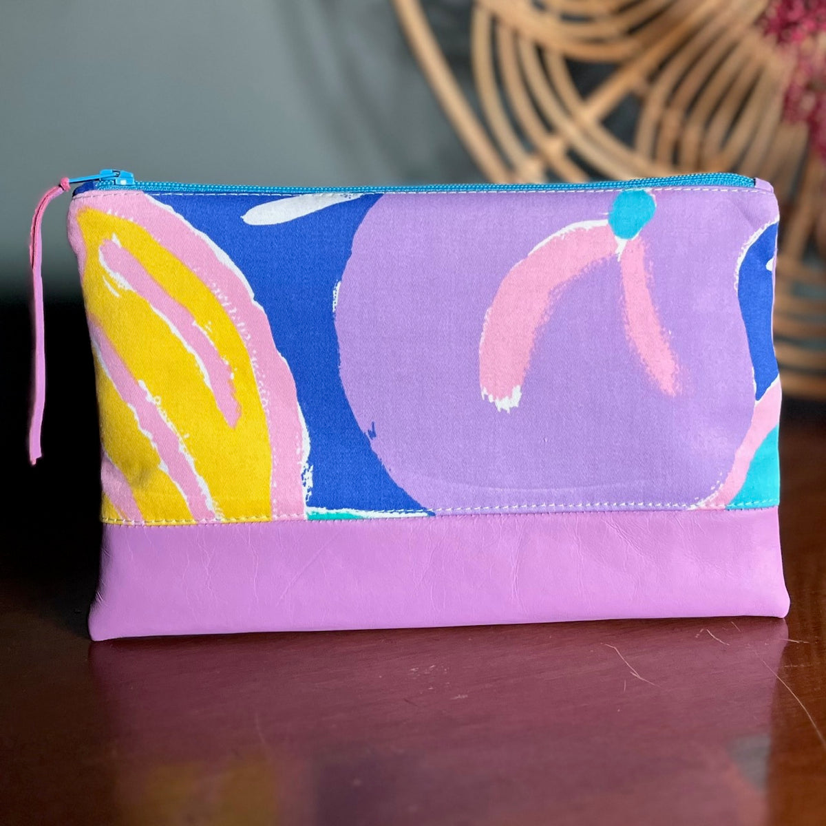 Colourful, repurposed vintage fabric zip POUCH with leather