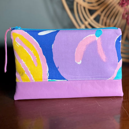 Colourful, repurposed vintage fabric zip POUCH with leather