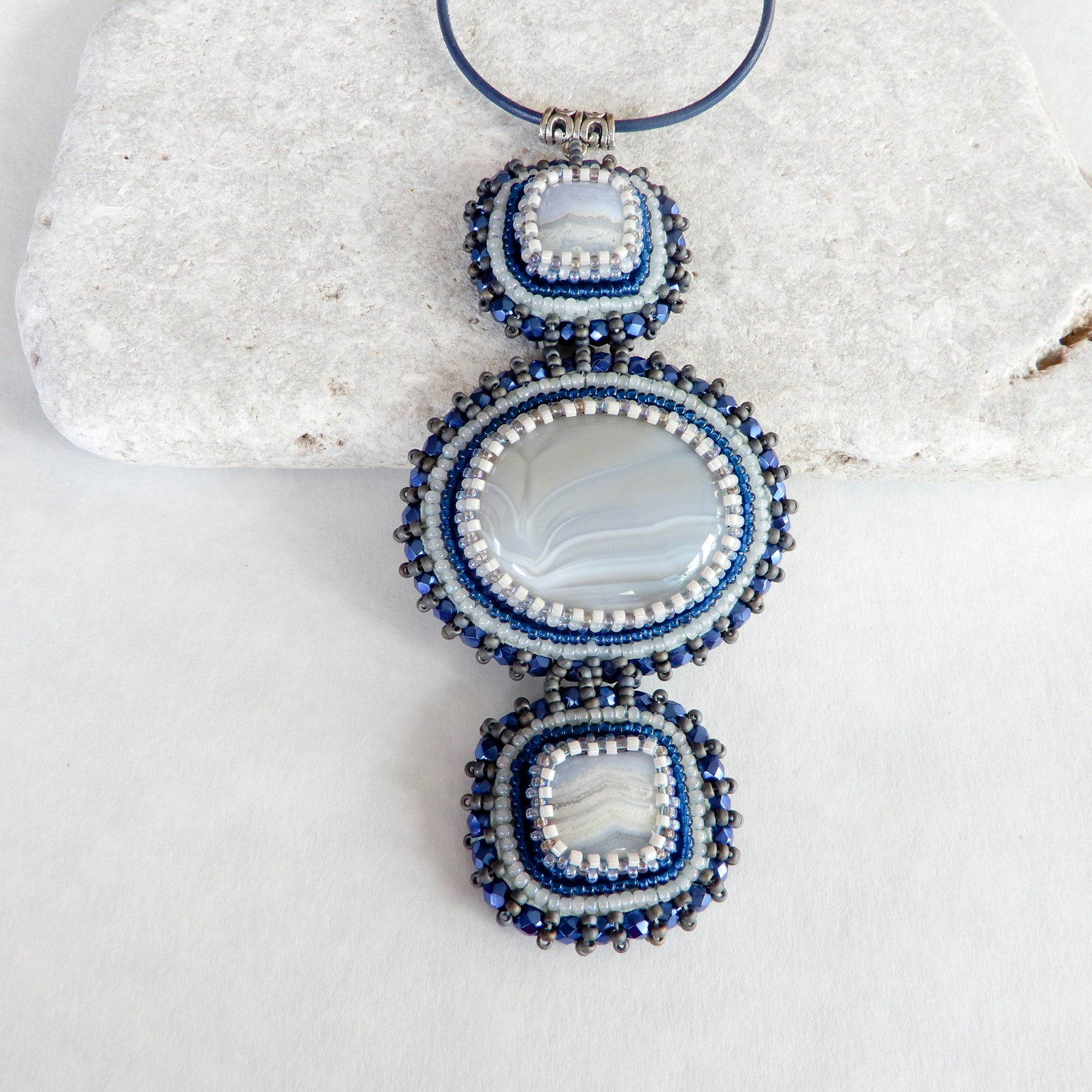 Bead Embroidered Lace Agate Gemstone Pendant