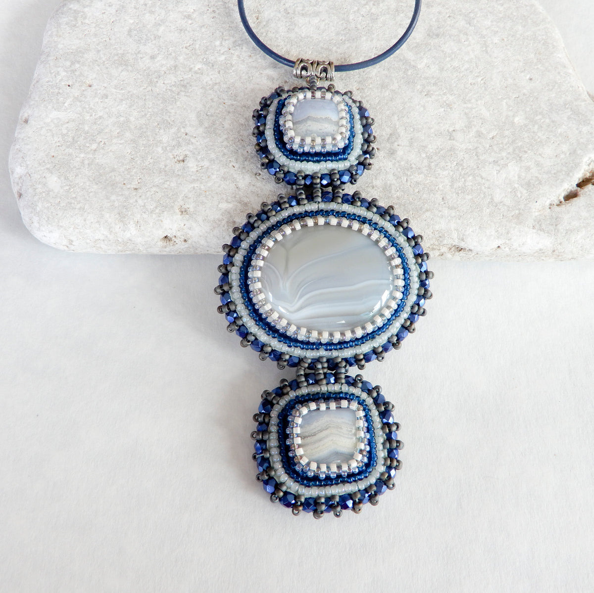 Bead Embroidered Lace Agate Gemstone Pendant
