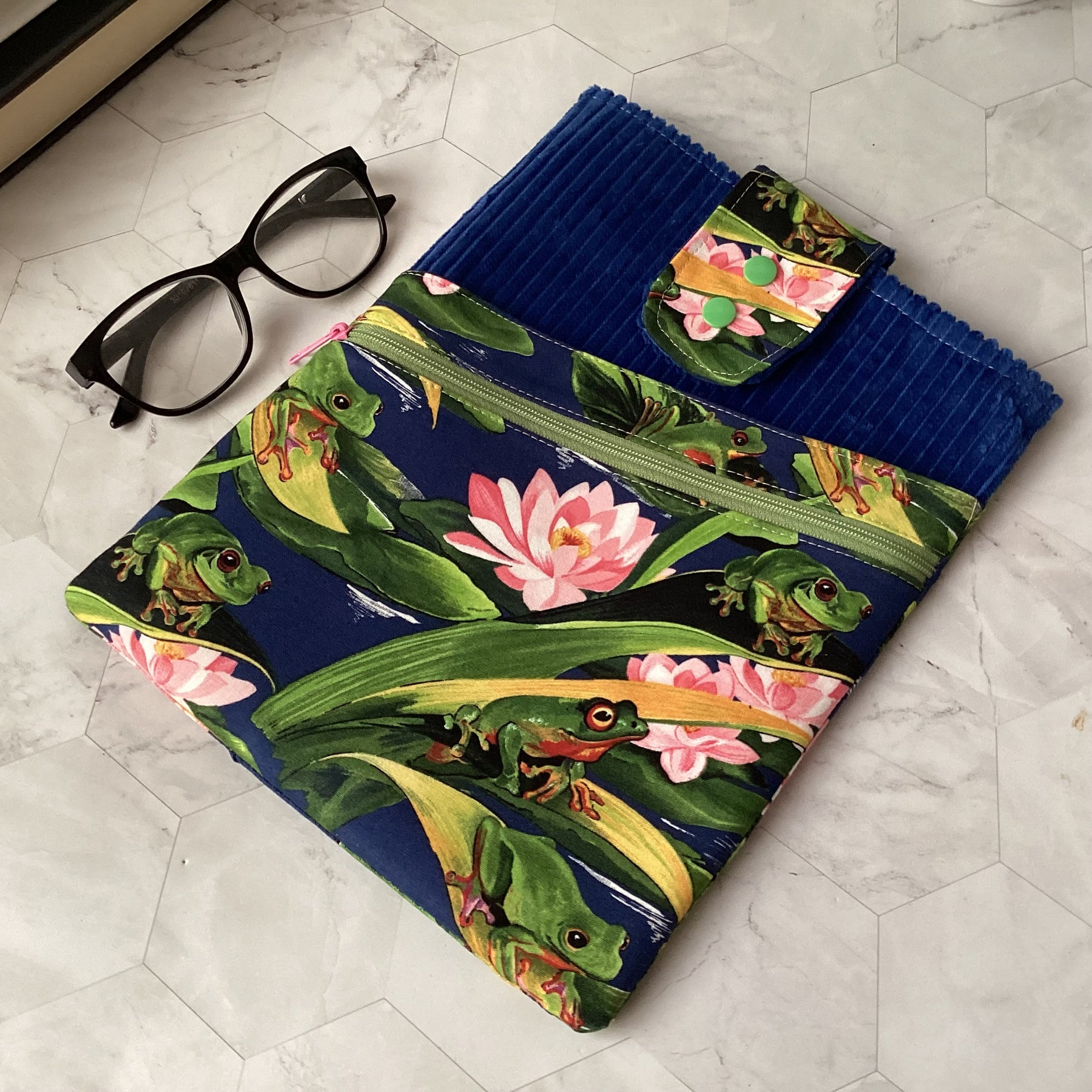 Frogs fabric book sleeve with 2 pockets. iPad, tablet pouch