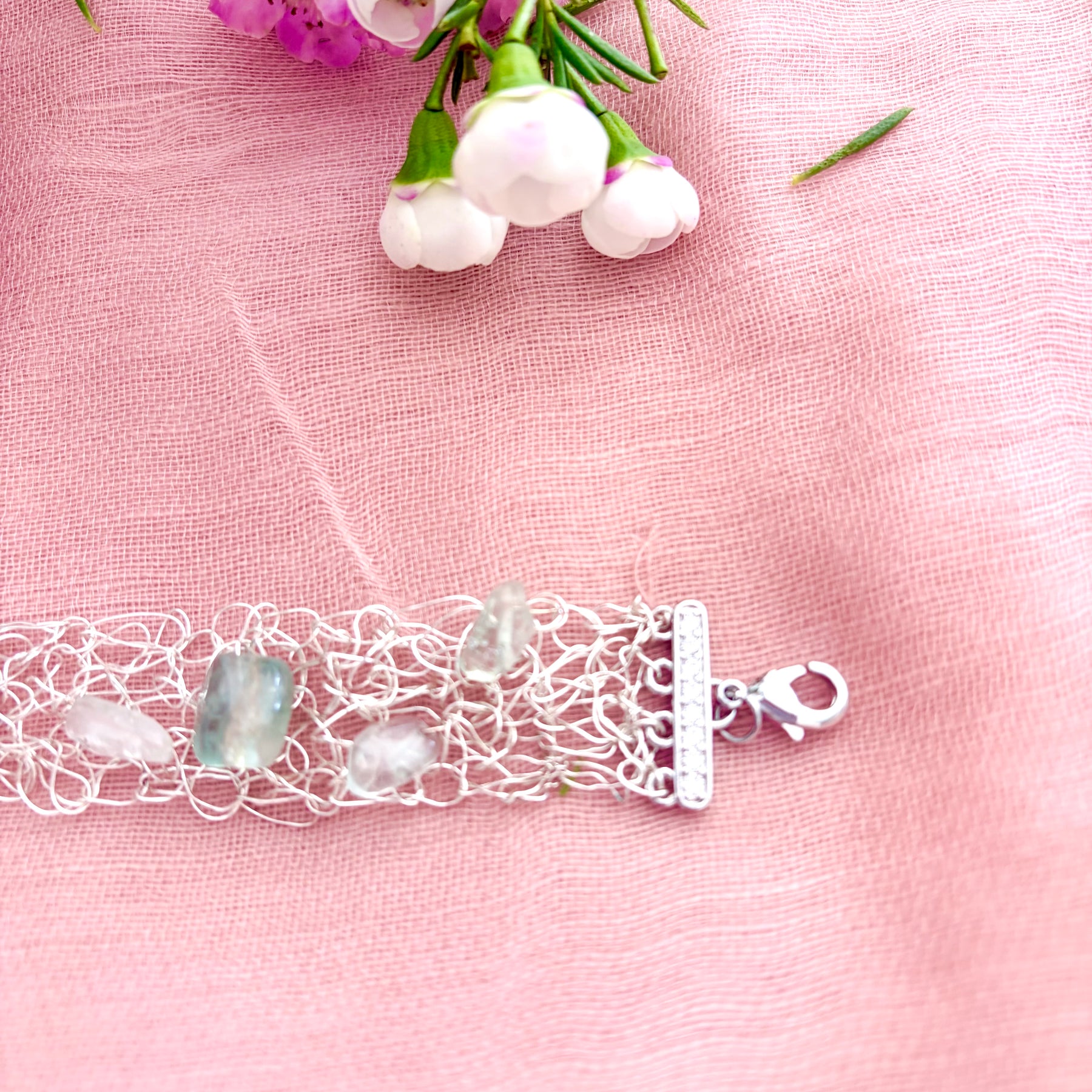 ✨FLUORITE WHISPER✨ Silver-blend crochet bracelet