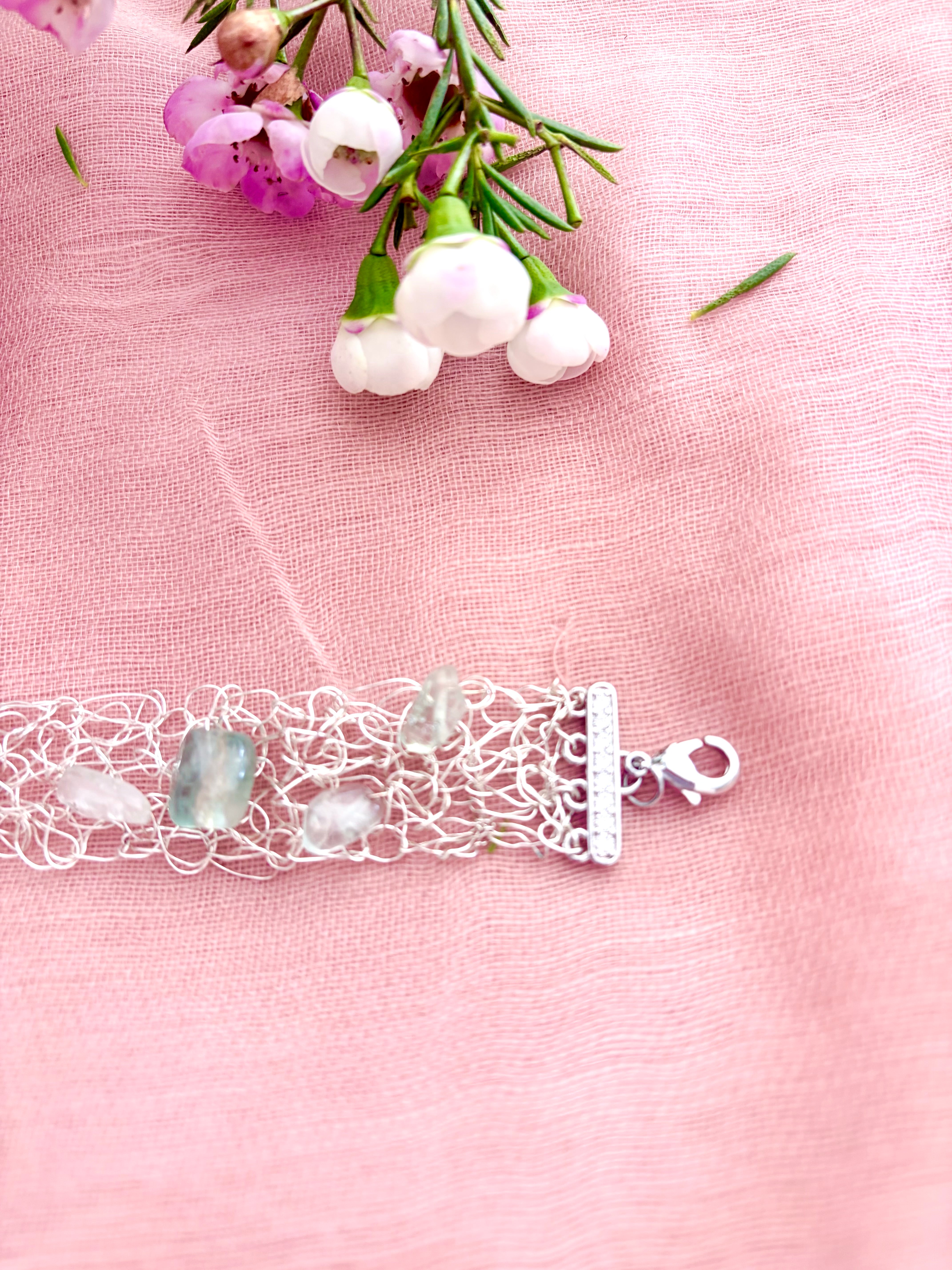 ✨FLUORITE WHISPER✨ Silver-blend crochet bracelet