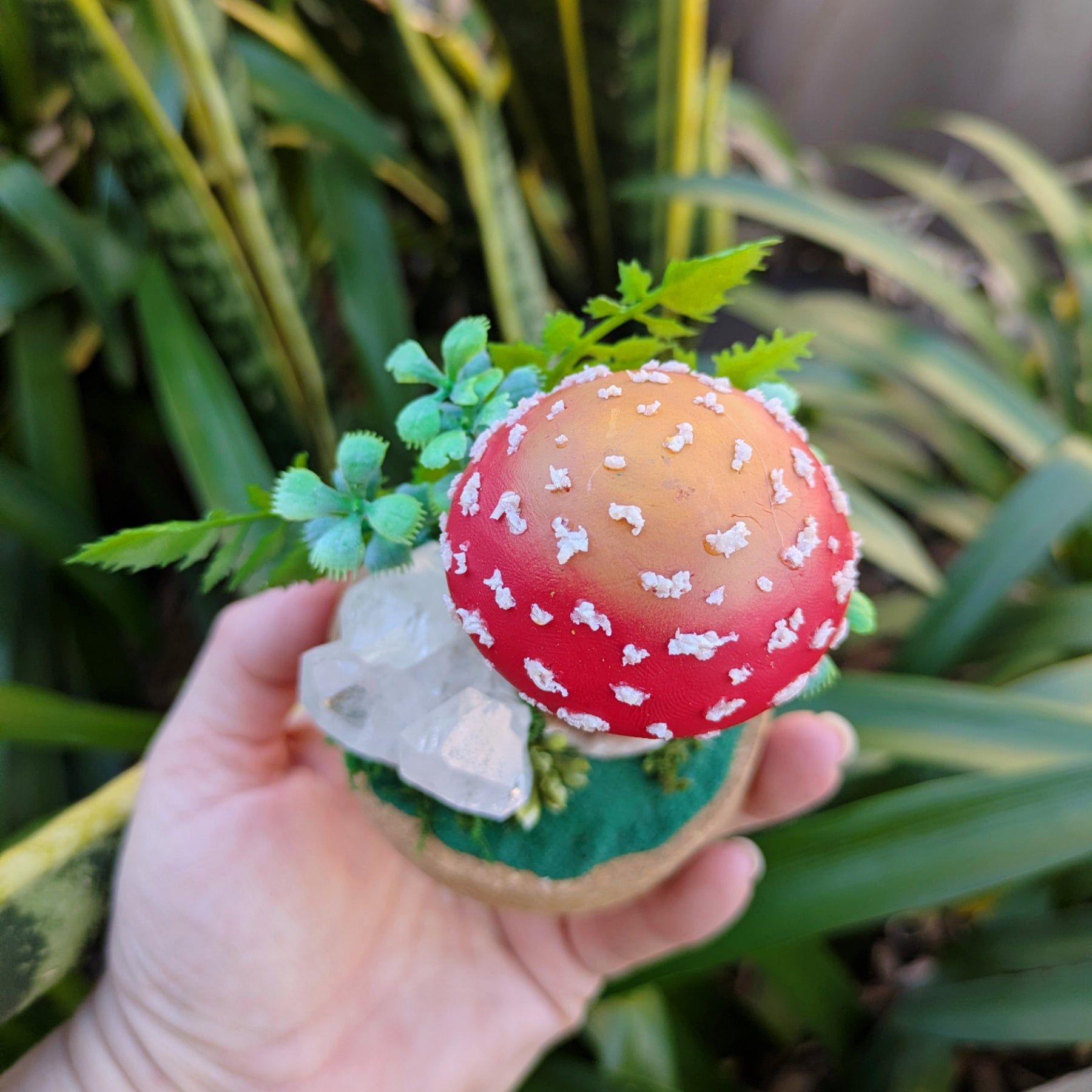 Enchanted Amanita Mushroom Dome with a Clear Quartz