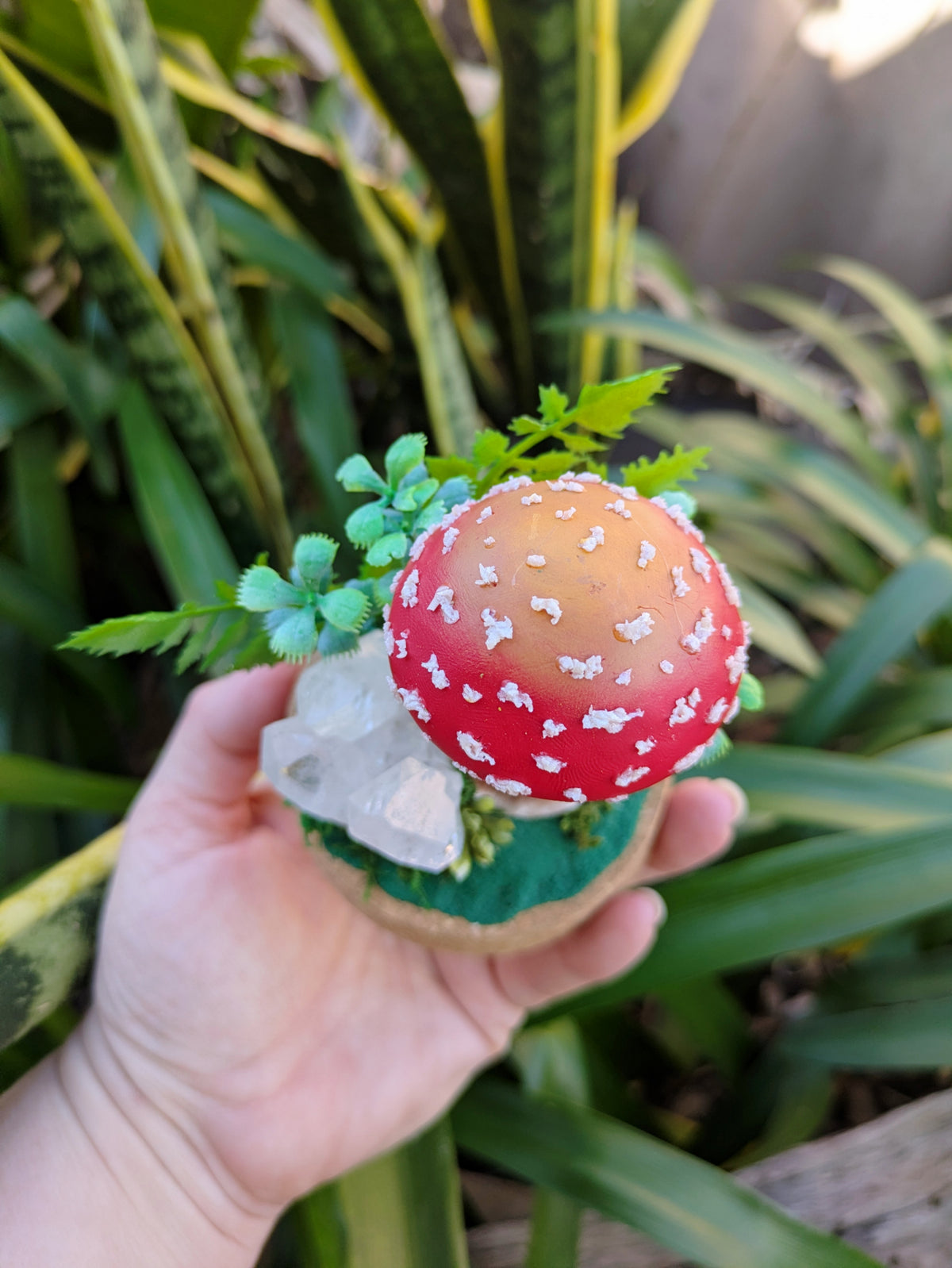 Enchanted Amanita Mushroom Dome with a Clear Quartz