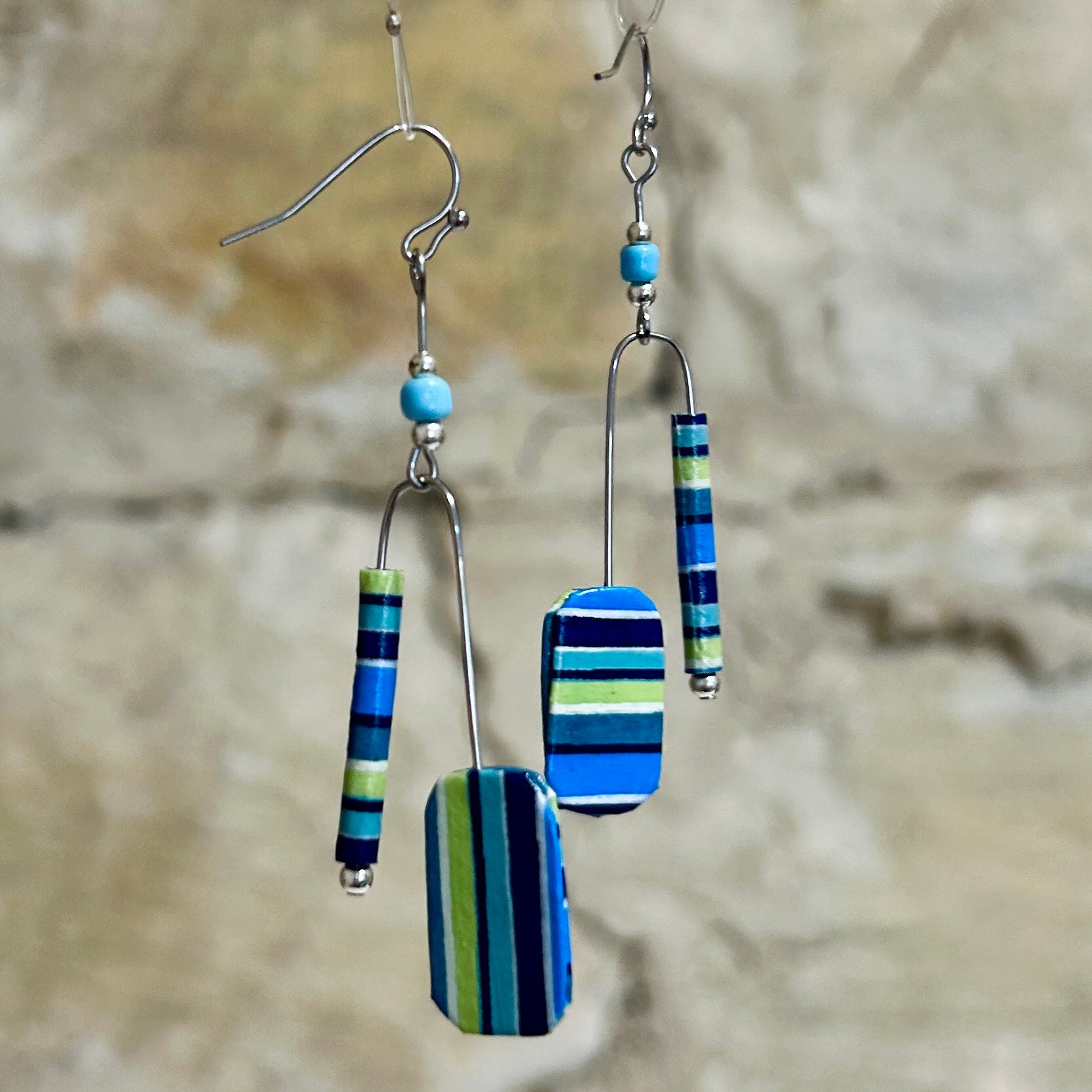 Earrings Long Striped Aqua Navy Mint Green - EC-642