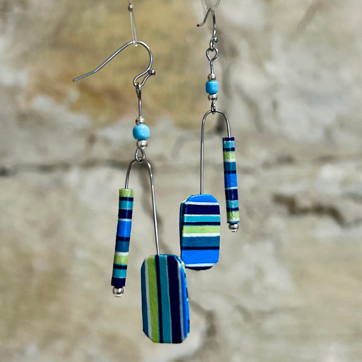 Earrings Long Striped Aqua Navy Mint Green - EC-642