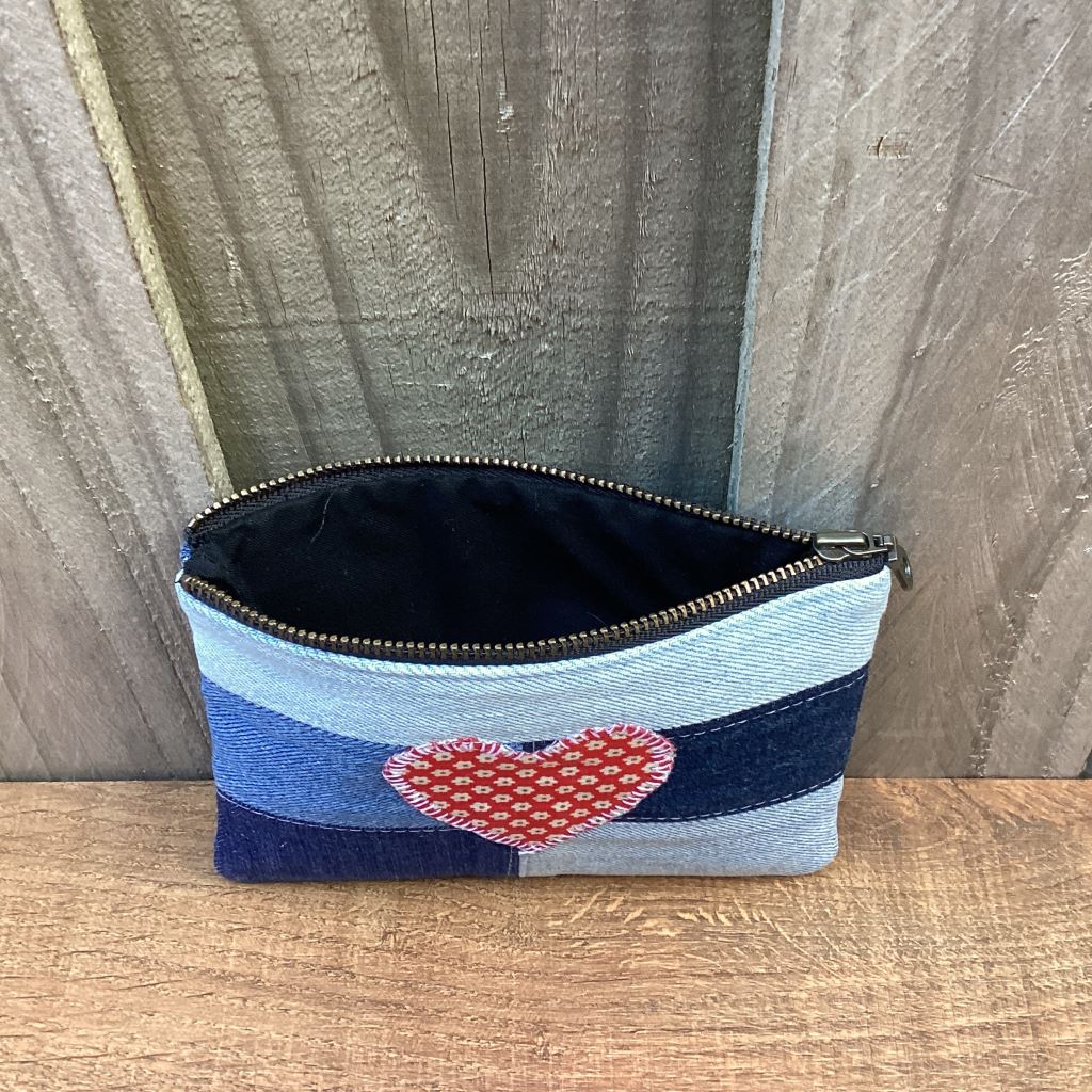 Upcycled Denim Coin Purse - Red Floral Heart