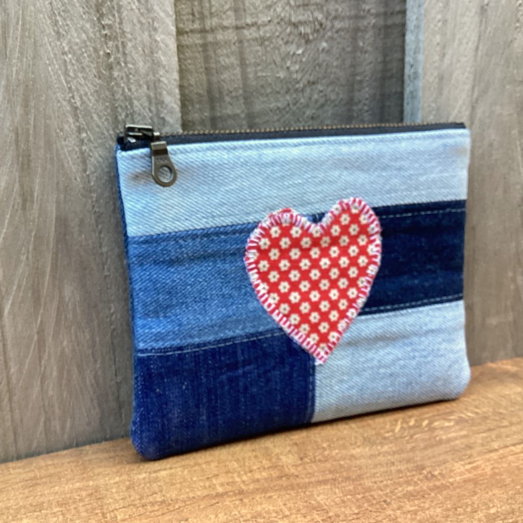 Upcycled Denim Coin Purse - Red Floral Heart