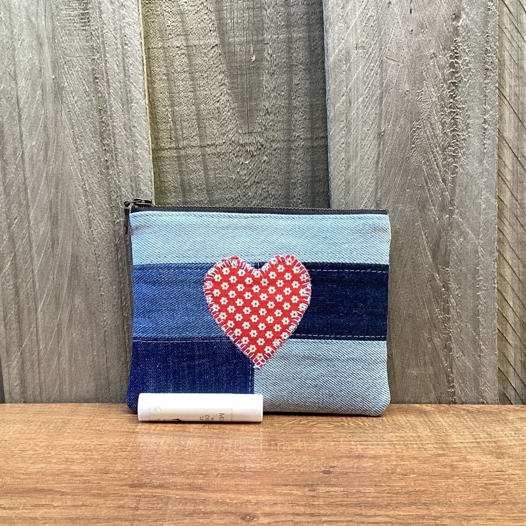 Upcycled Denim Coin Purse - Red Floral Heart