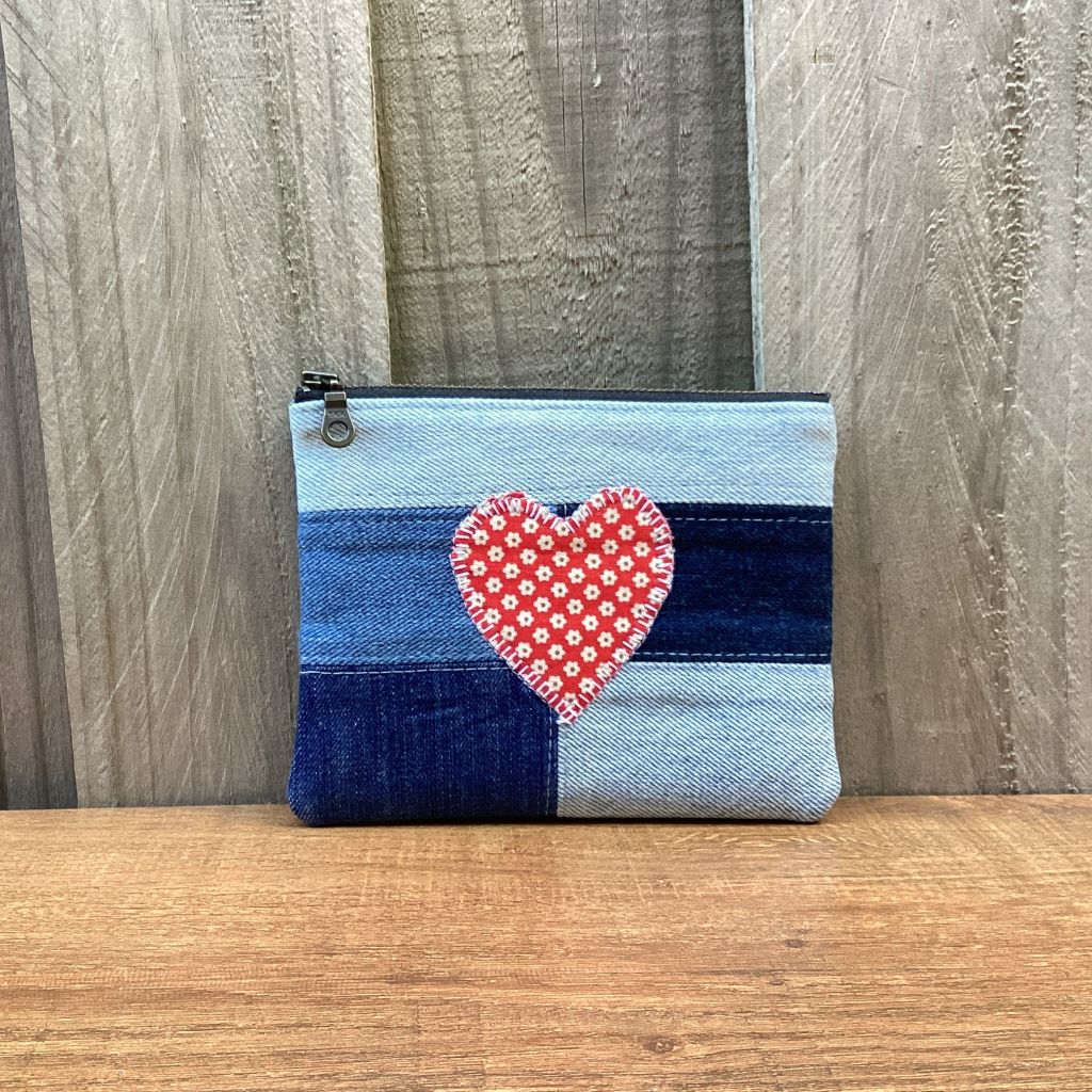 Upcycled Denim Coin Purse - Red Floral Heart
