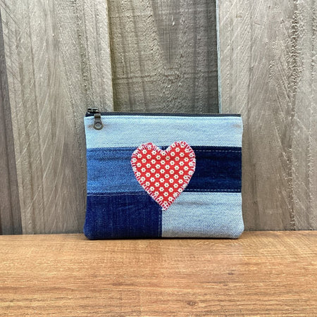 Upcycled Denim Coin Purse - Red Floral Heart