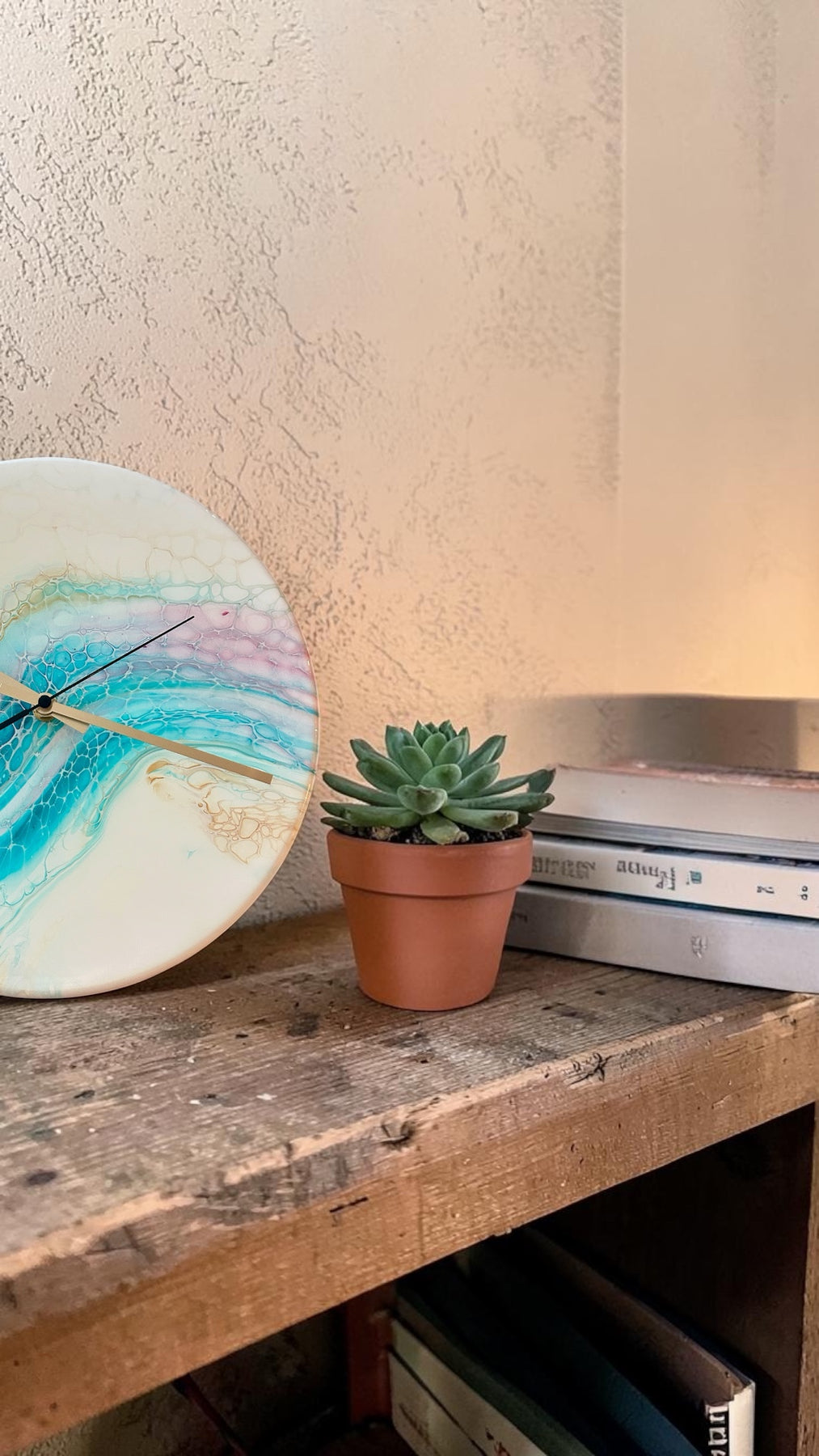Timber Clock | 30cm Fluid Art/Resin | White-Teal-Gold