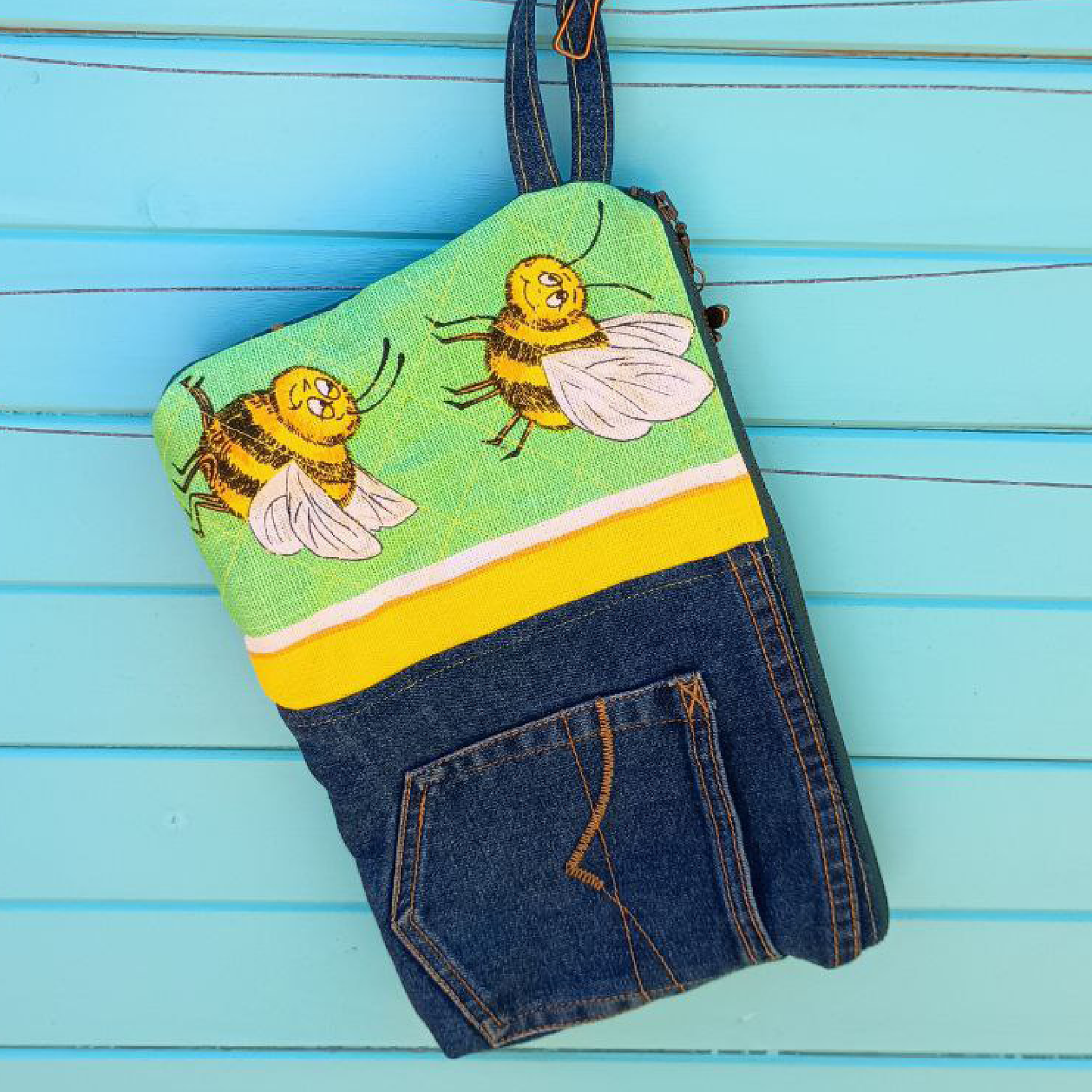 Sweet Sting Pouch Cosmetic Everyday Bag Upcycled Vintage Fabrics & Denim